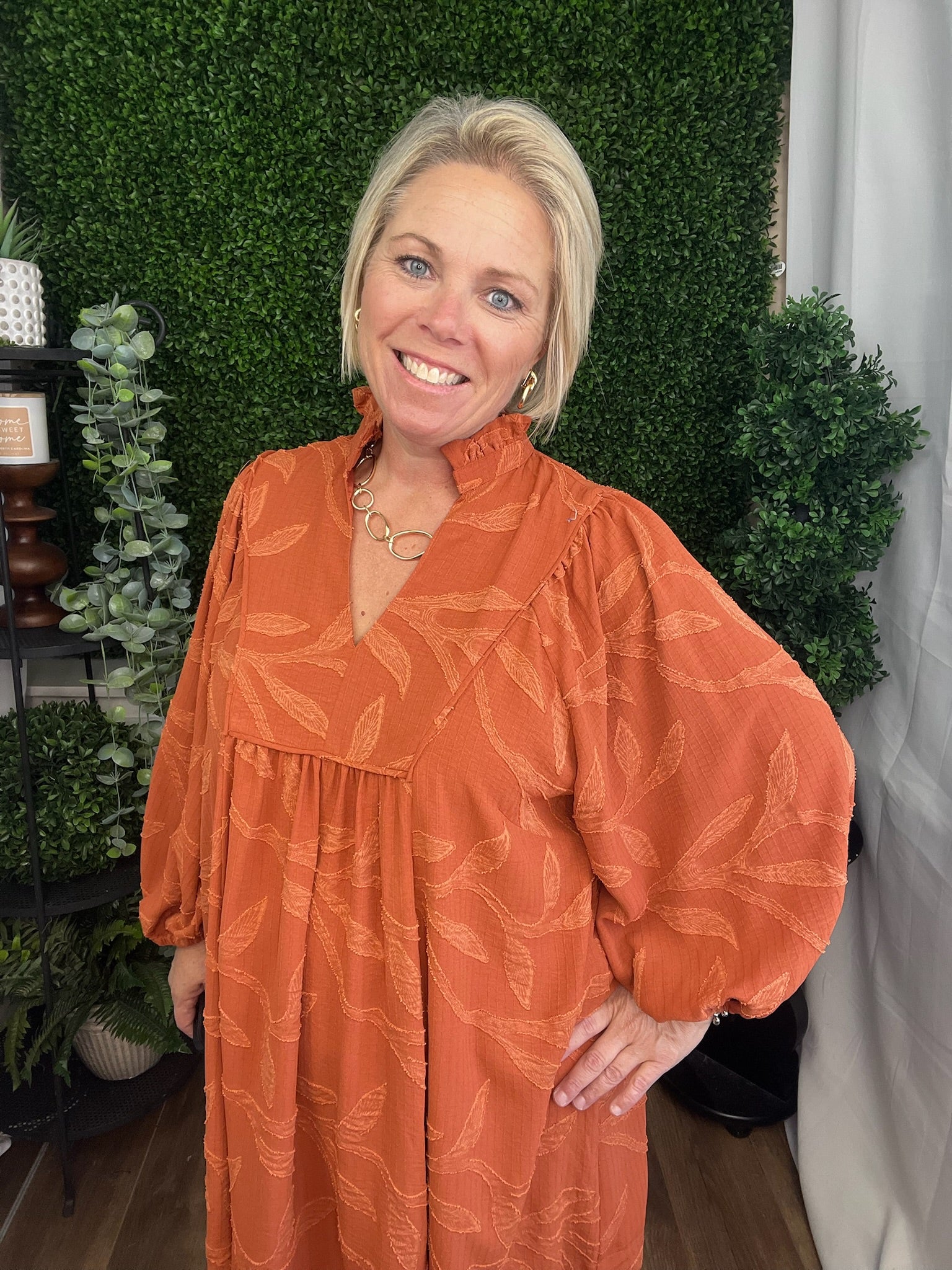 JACQUARD HIGH RUFFLE NECK DRESS - RUST