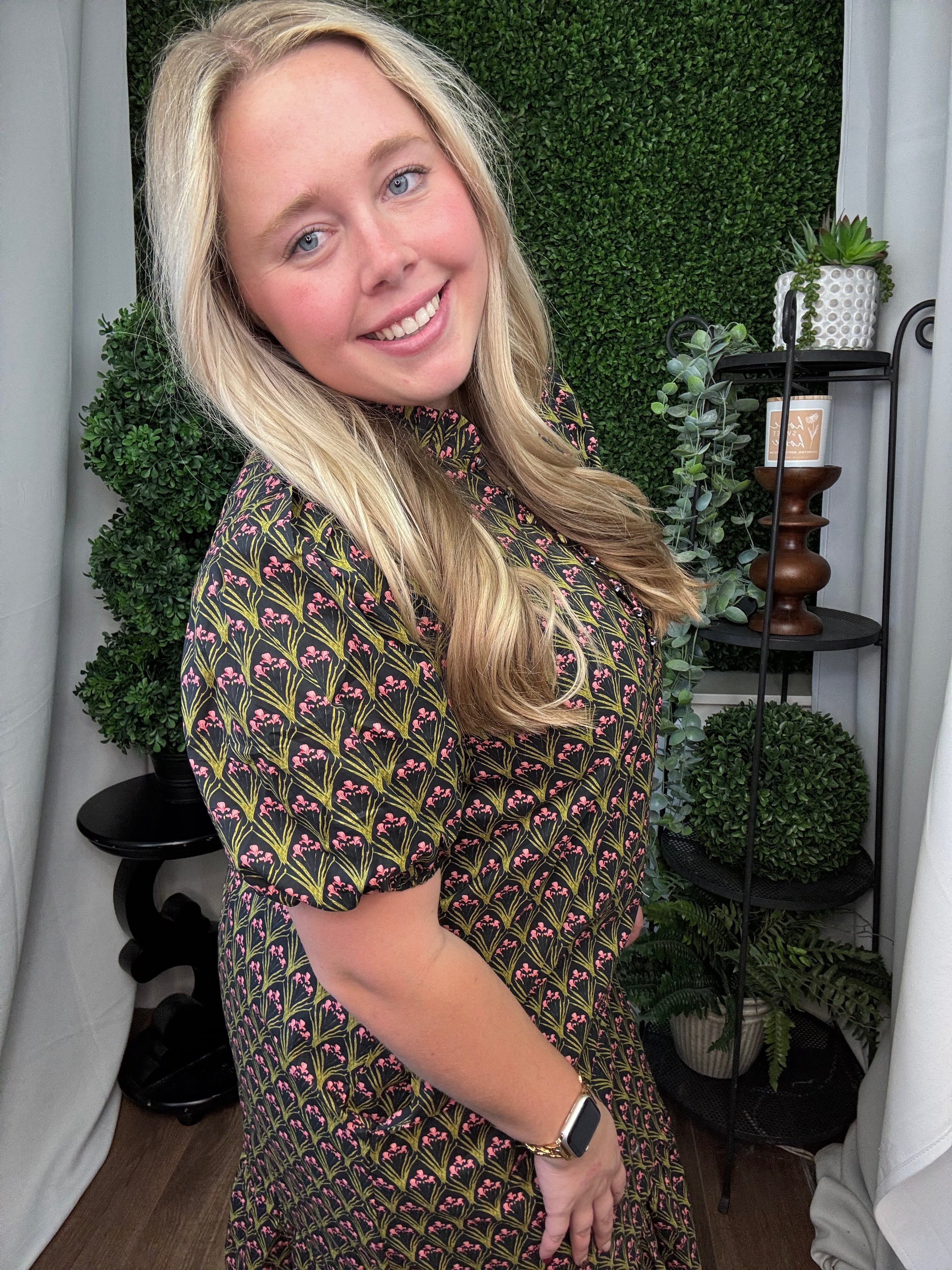 FLORAL PRINT PLEATED PUFF SLEEVE MIDI DRESS