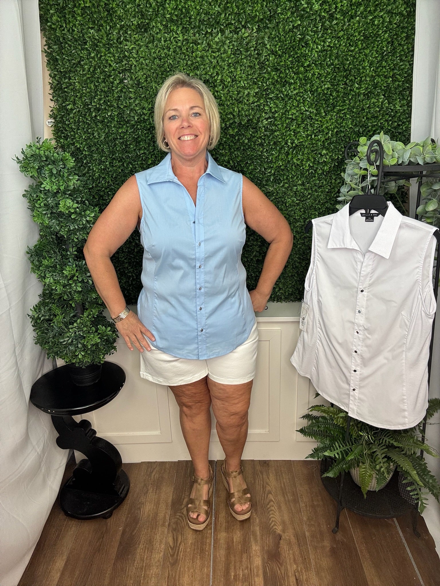 Button Front Poplin Tank w/Ribbed Knit Sides