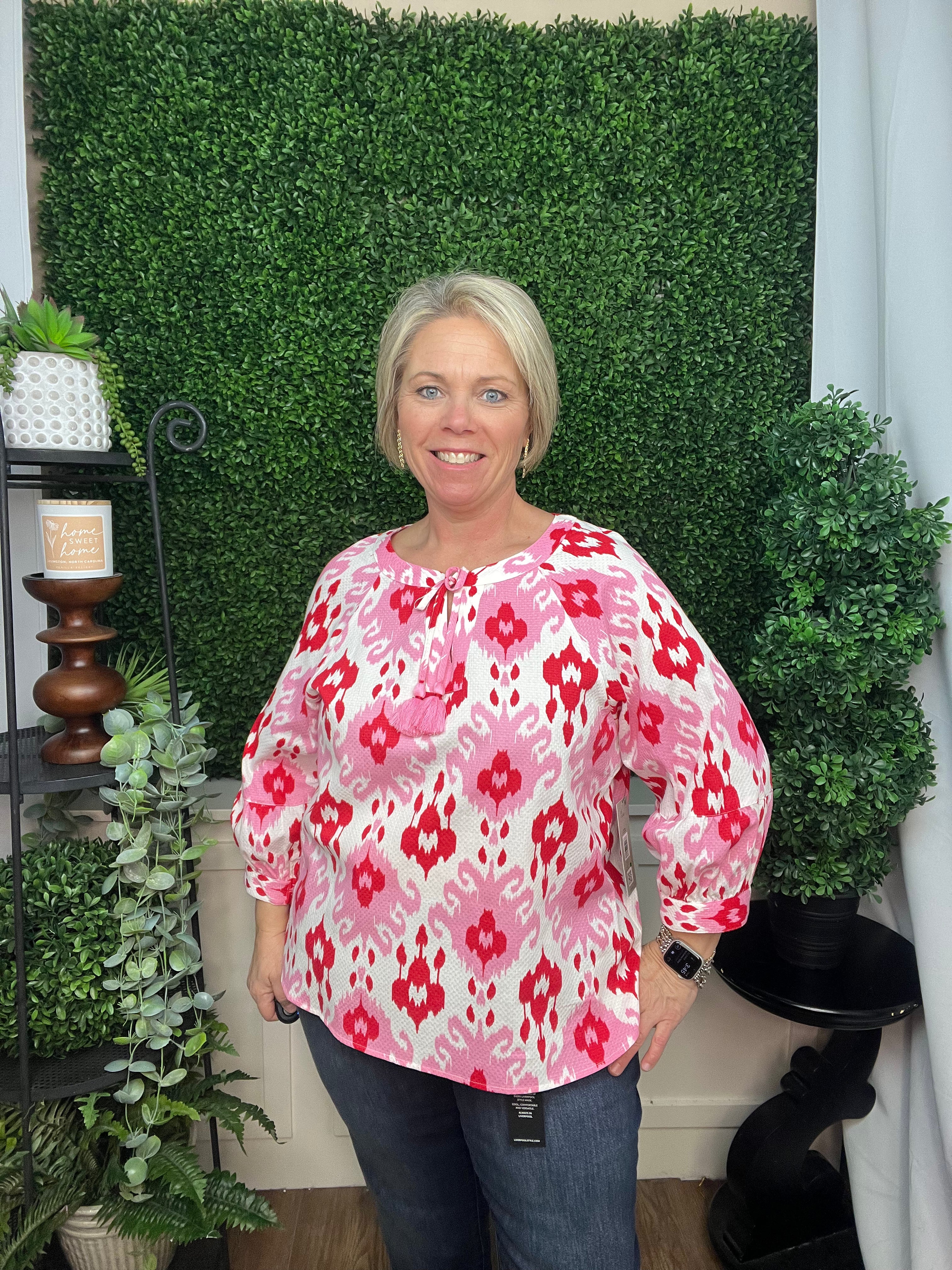 TEXTURED WOVEN POPOVER, SPLIT NECK W/TASSELS - TIE DYE MULTI