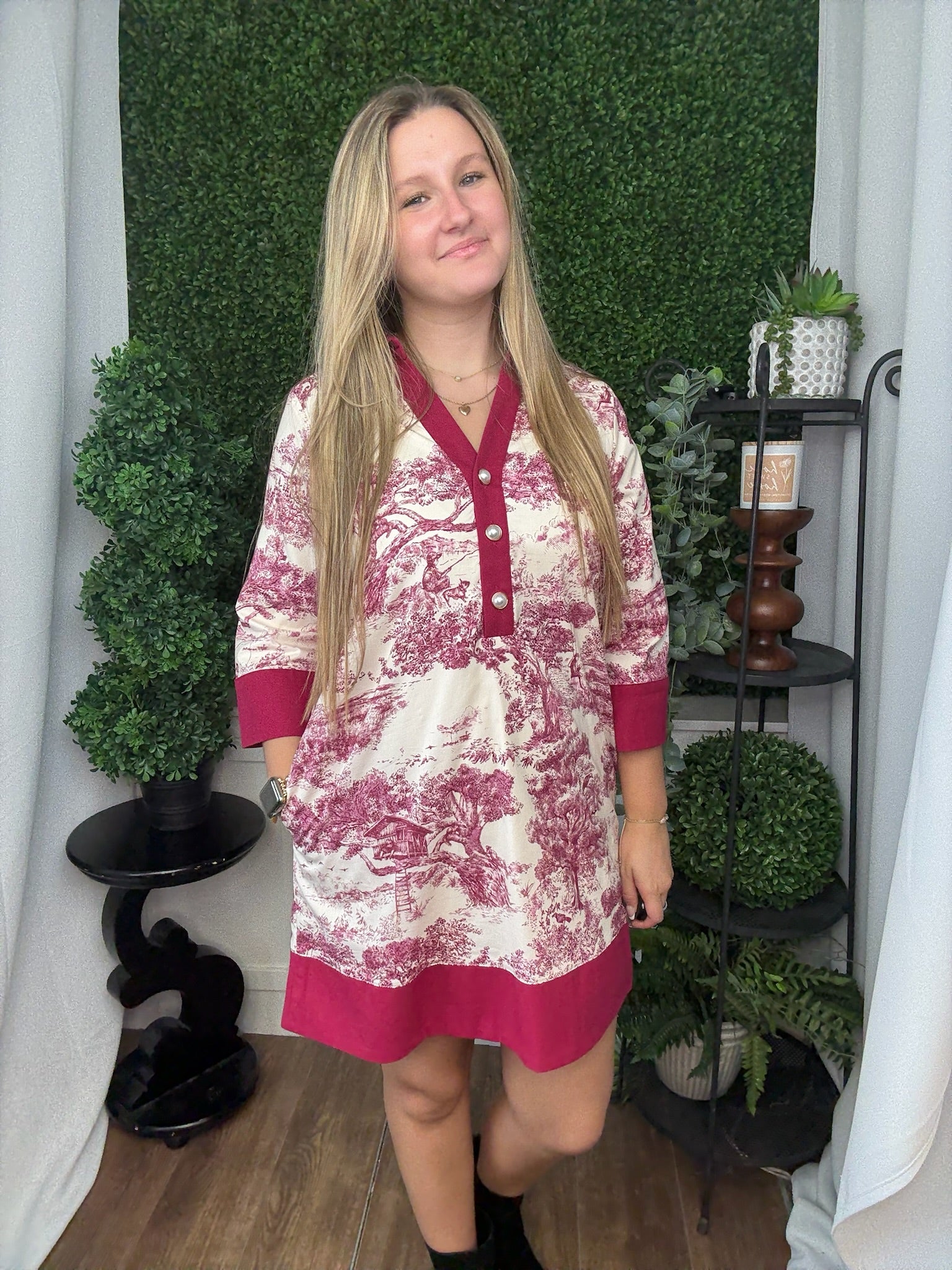 TOILE 3/4 SLEEVE MINI DRESS - BURGUNDY