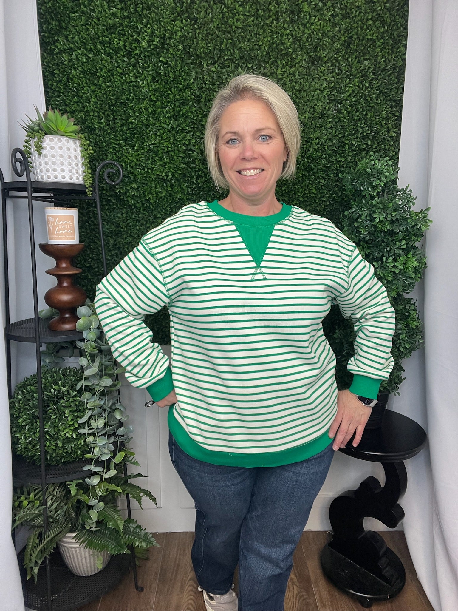 STRIPED ROUND NECK LONG SLEEVE TOP - MISSY GREEN