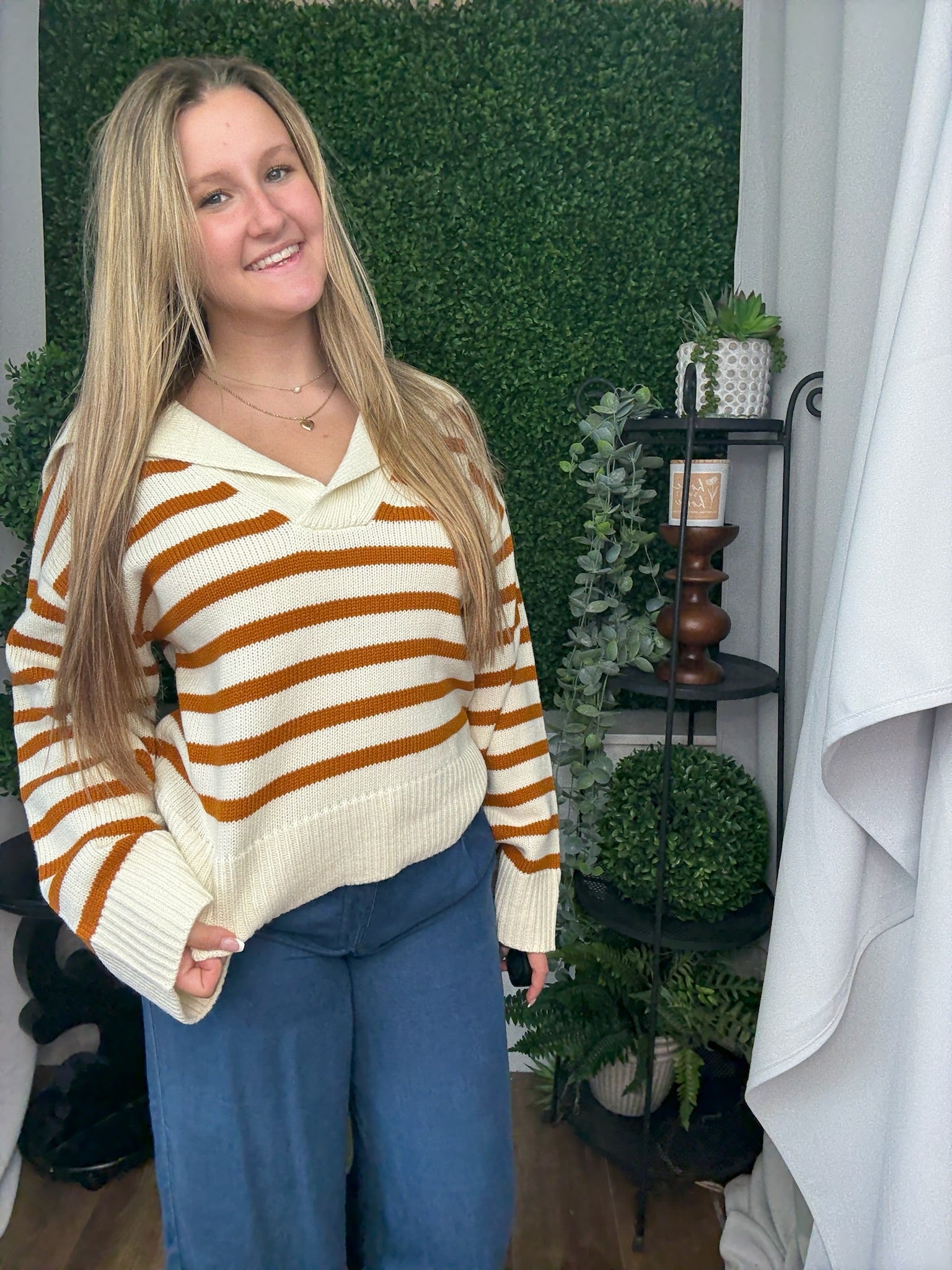 STRIPED KNIT SAILOR COLLAR SWEATER - CREAM/CARAMEL