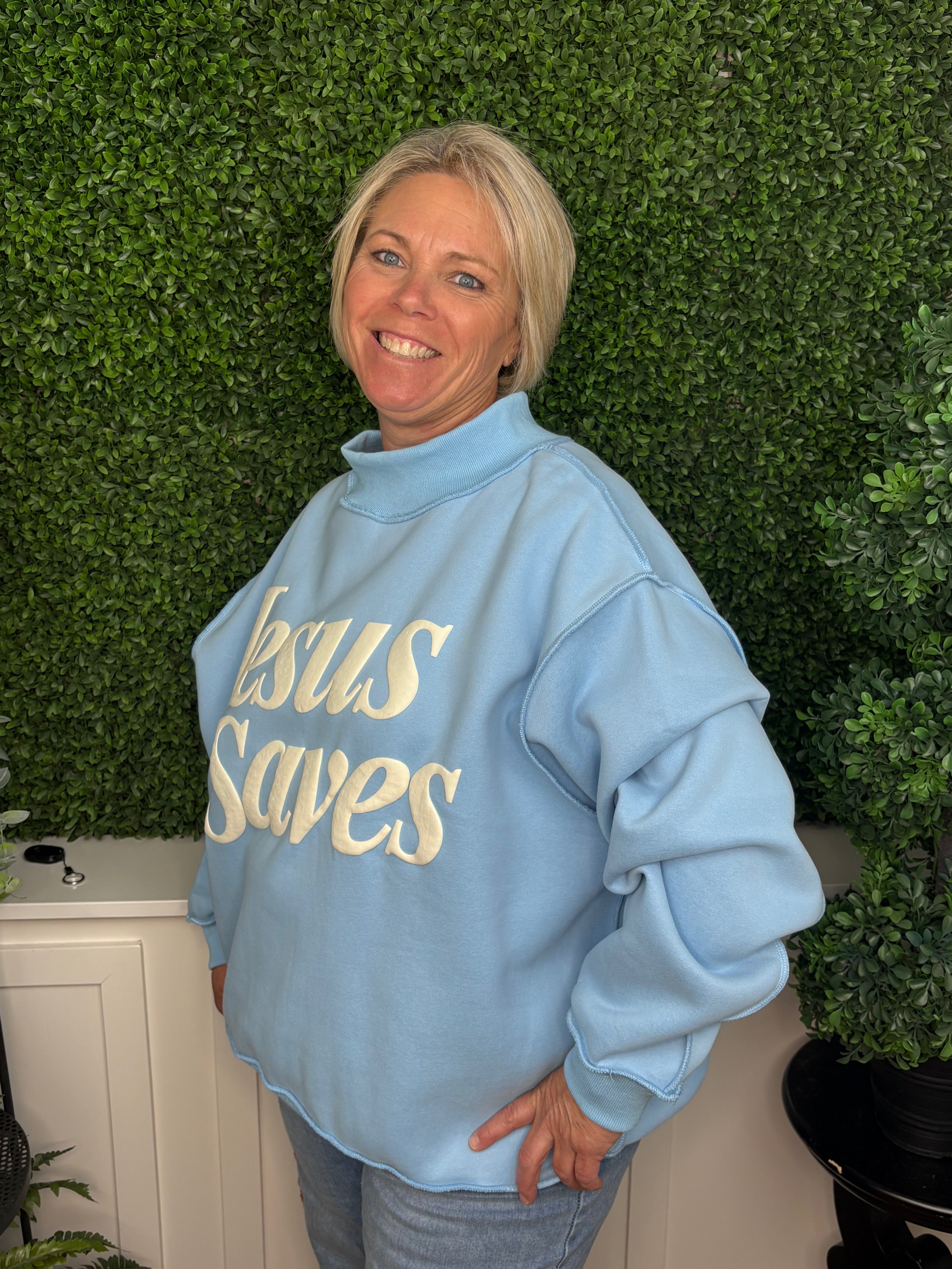 Jesus Saves Graphic Mock Neck Pullover