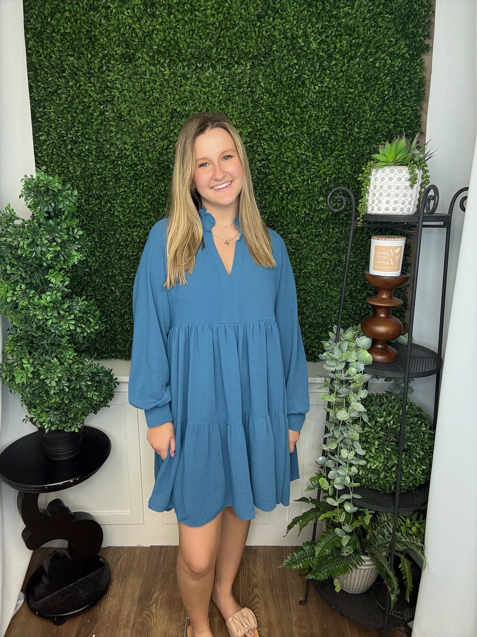 RUFFLE V-NECK TIERED LS DRESS - DUSTY BLUE