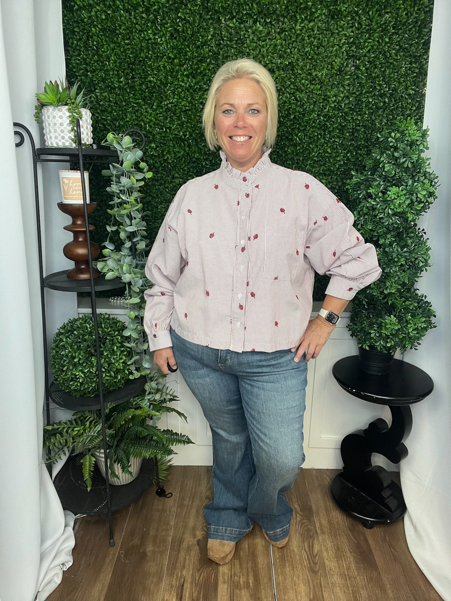 EMBROIDERED MOCK NECK STRIPED BUTTON UP TOP - AMBER STRIPE