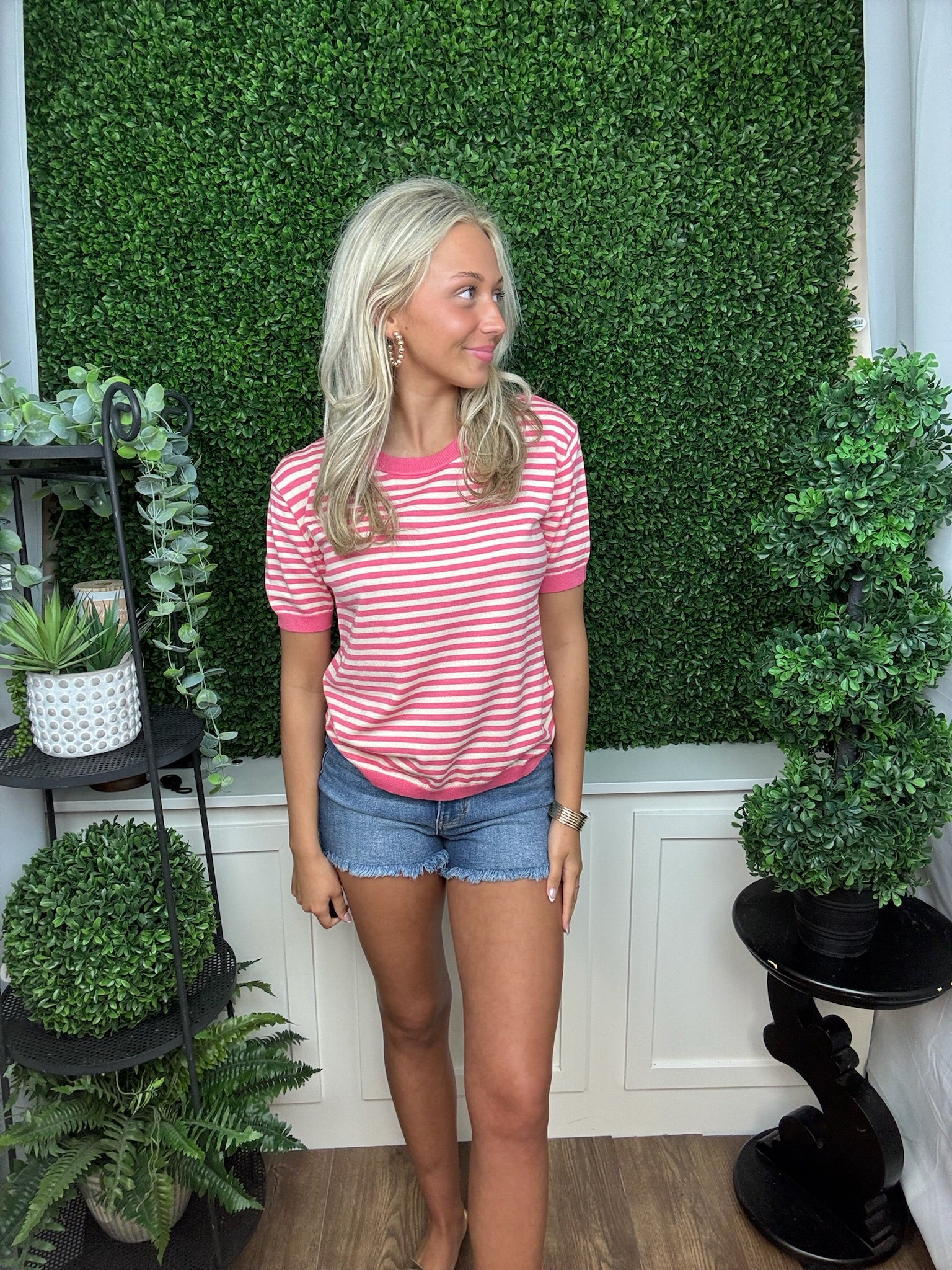 Striped Short Sleeve Knit Sweater