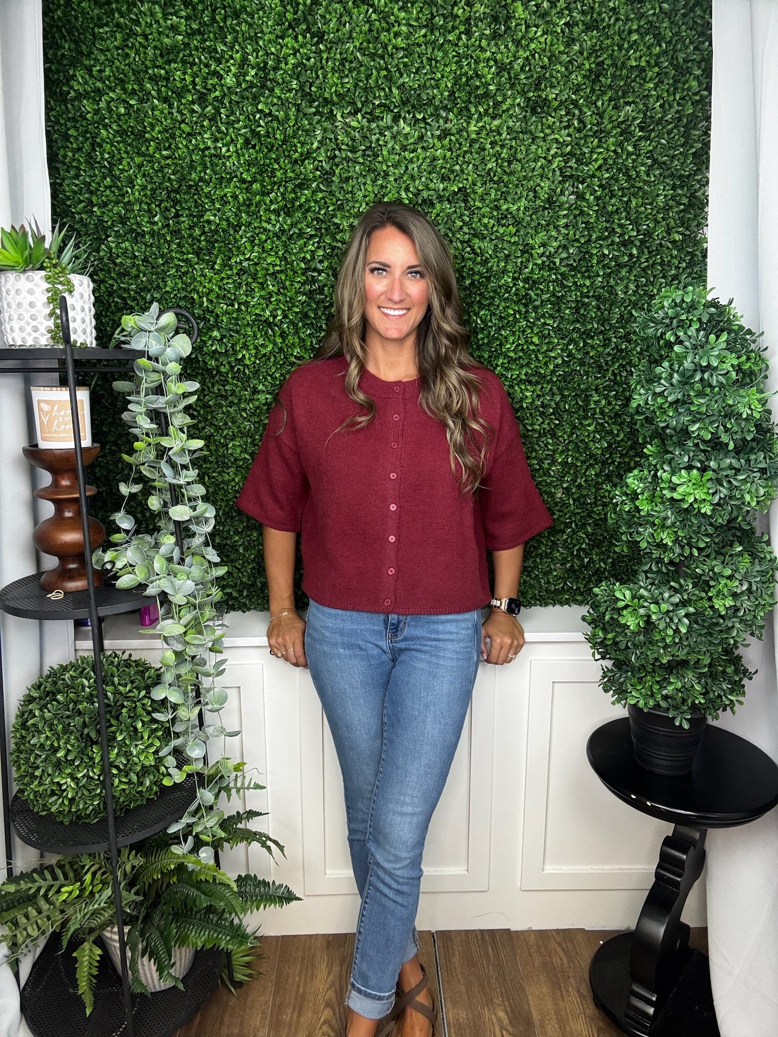 CROPPED HALF SLEEVE BUTTON UP KNIT SWEATER - BURGUNDY