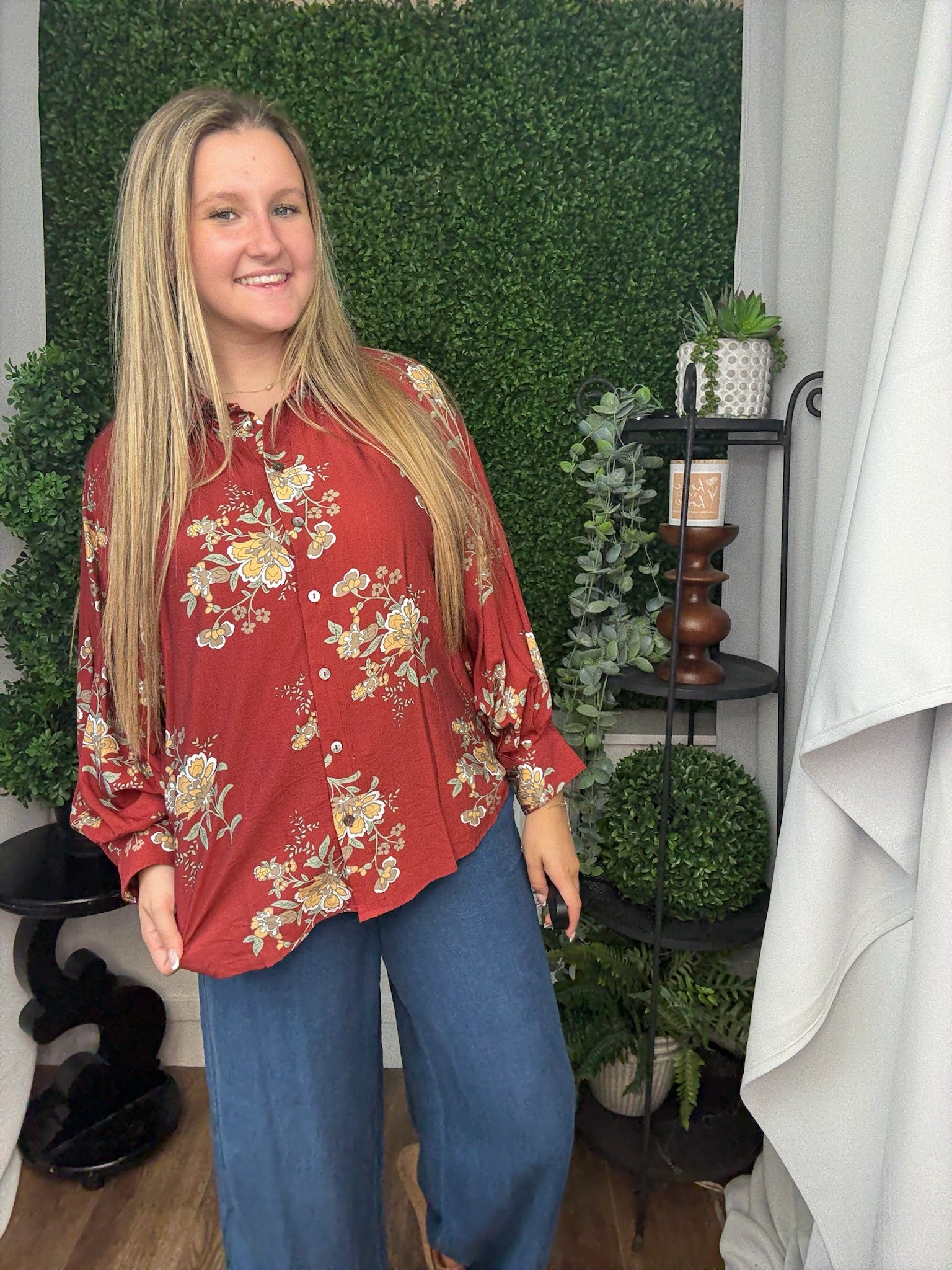 FLORAL PRINT LS TOP - BRICK