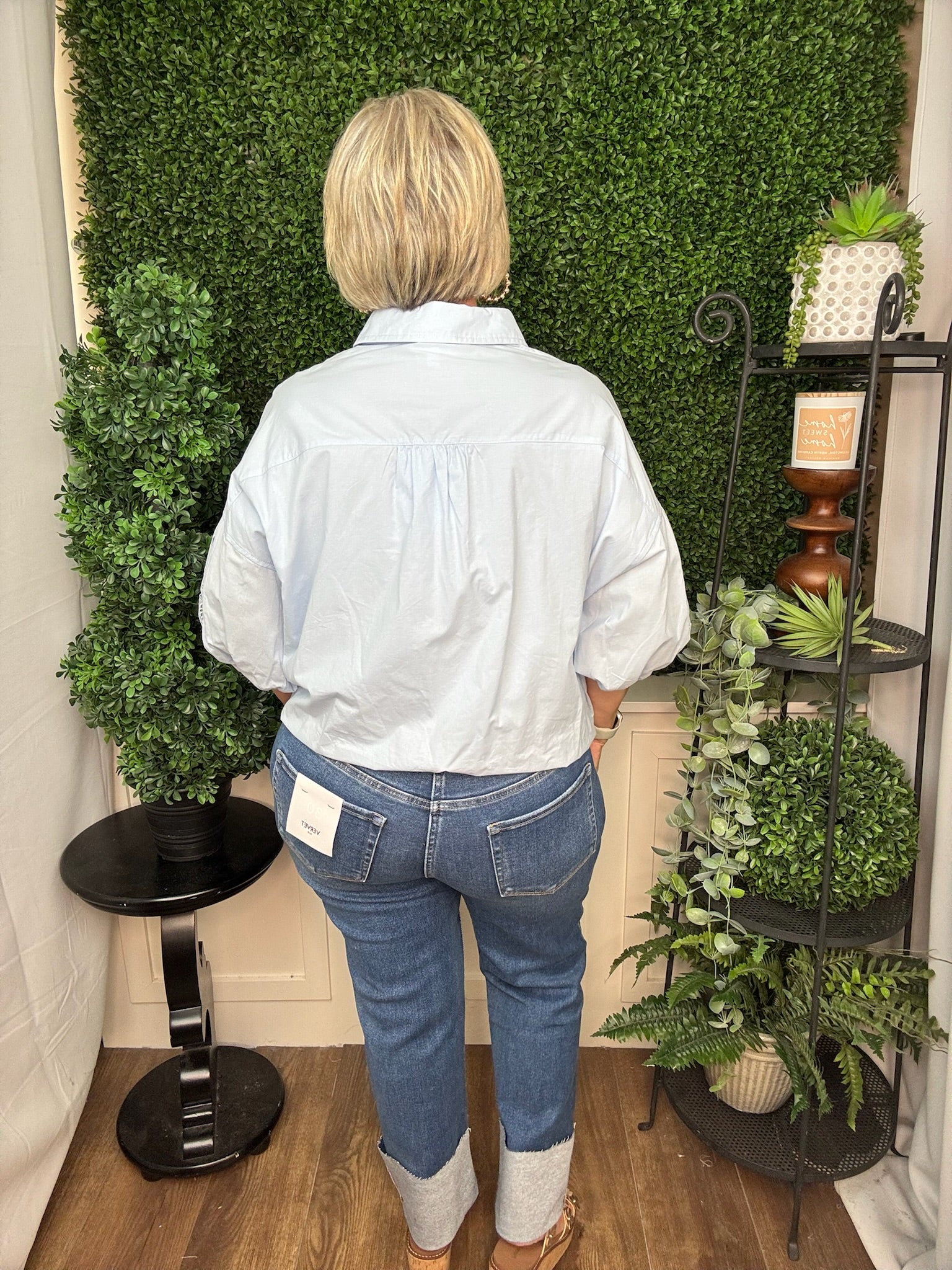 Relaxed Pocket Puff Sleeve Blouse in Sky Blue