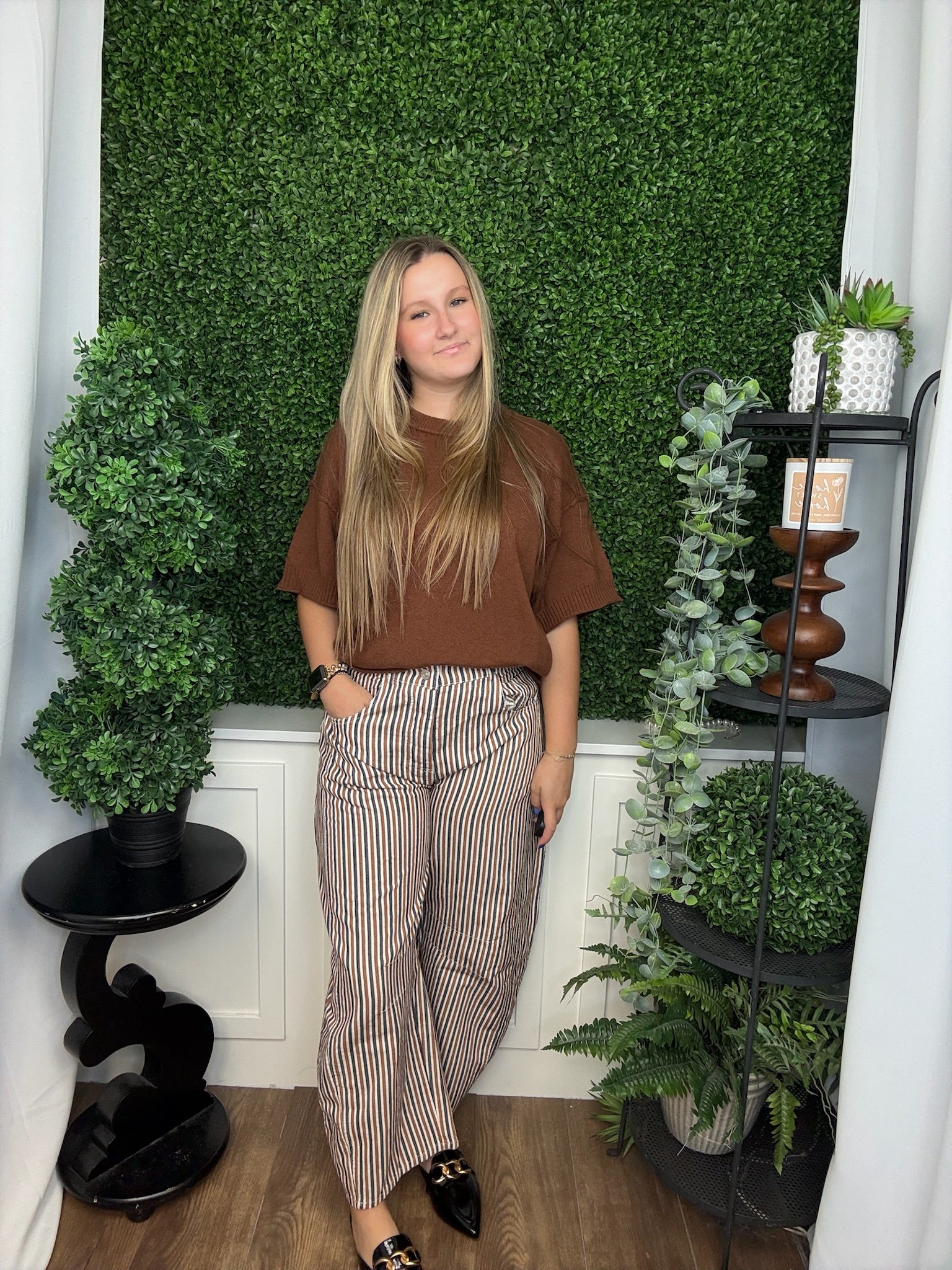 MINERAL WASHED STRIPED BARREL LEG JEANS - BURNT SIENNA