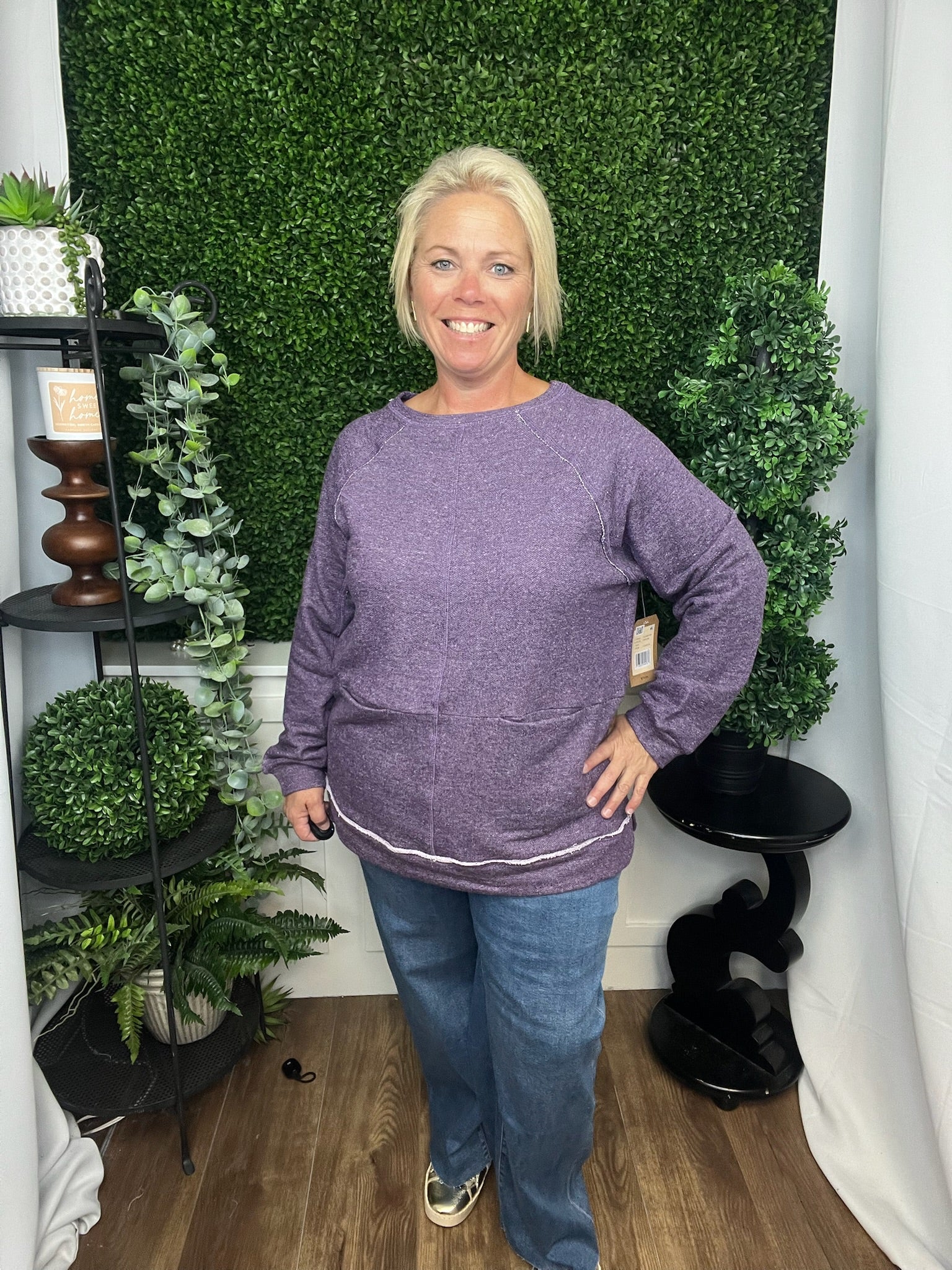 RAGLAN SLEEVE KNIT TOP W/POCKETS DK PURPLE