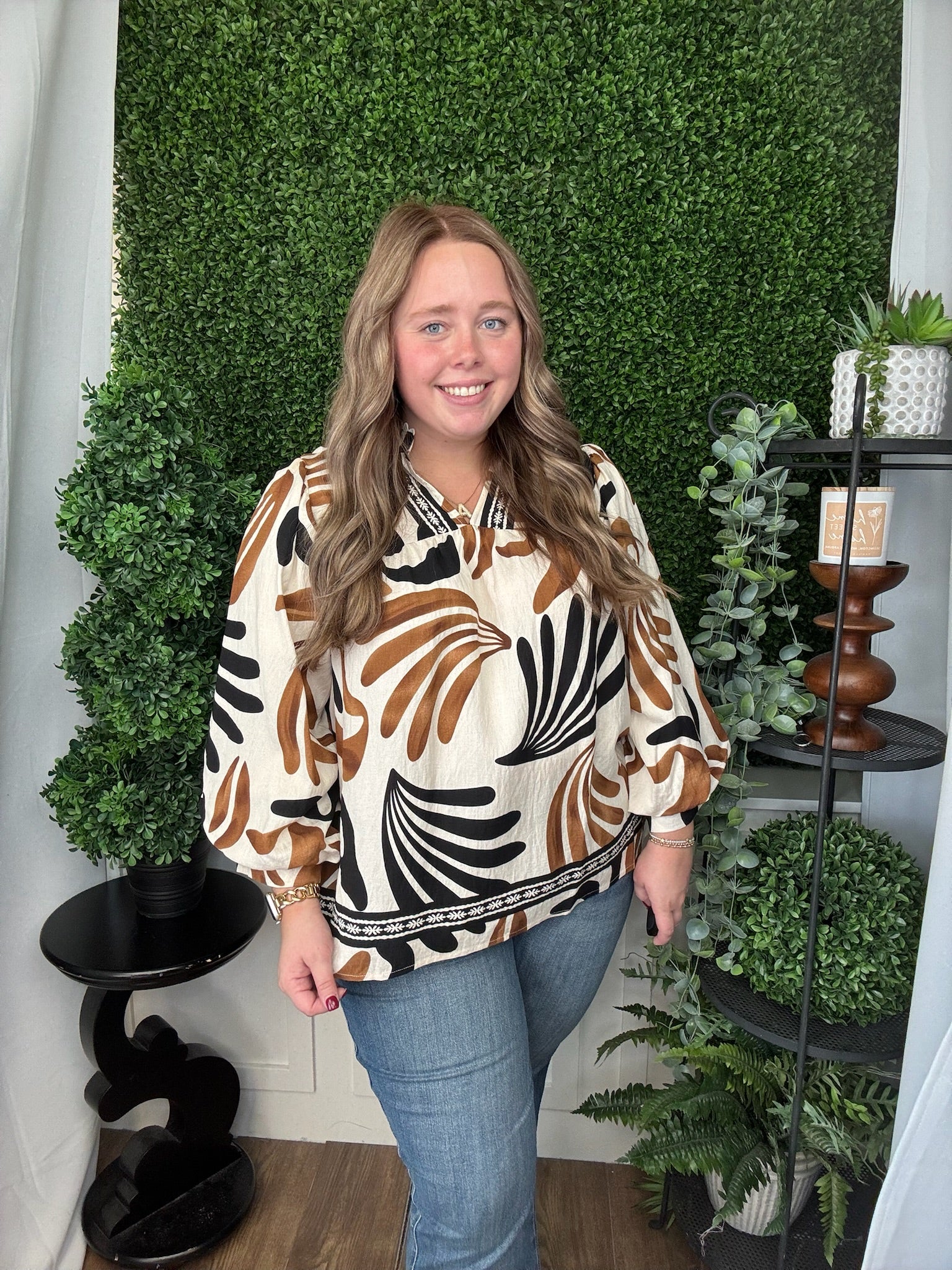 BOHO LEAFY PRINT SPLIT NECK TOP