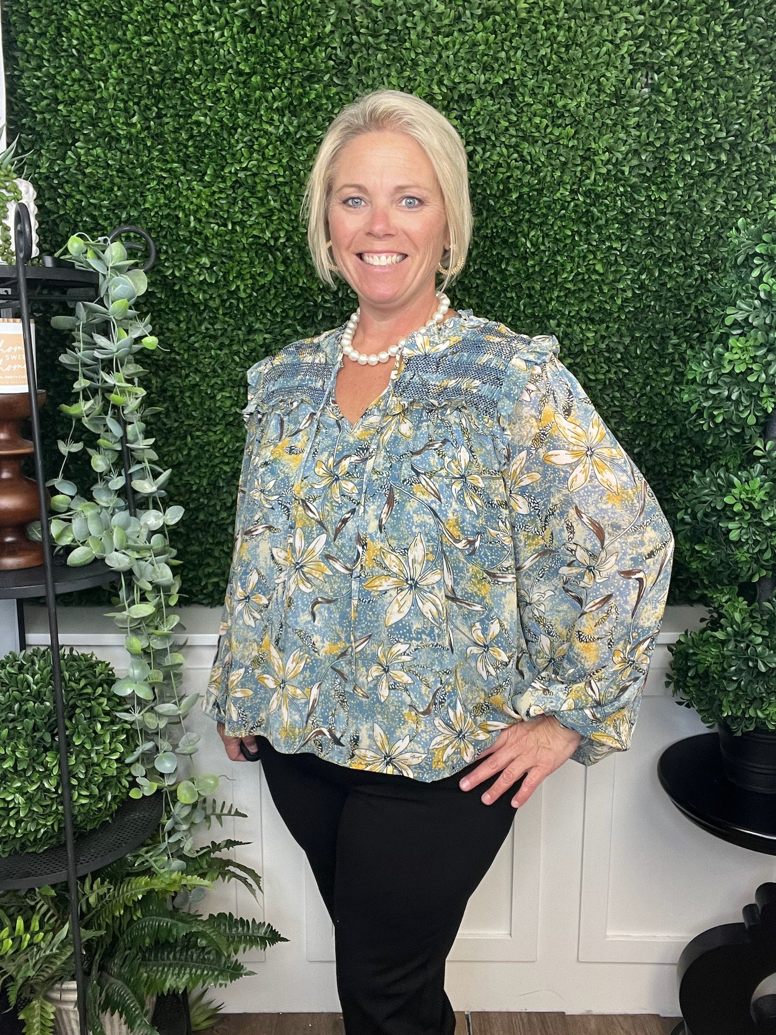 FLORAL PRINT SMOCKED TOP - INDIGO MULTI FLORAL