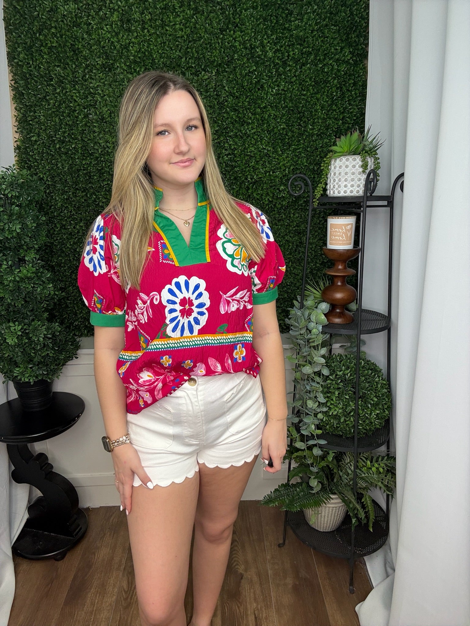STANDING NECKLINE BOHO FLORAL TOP - FUCHSIA