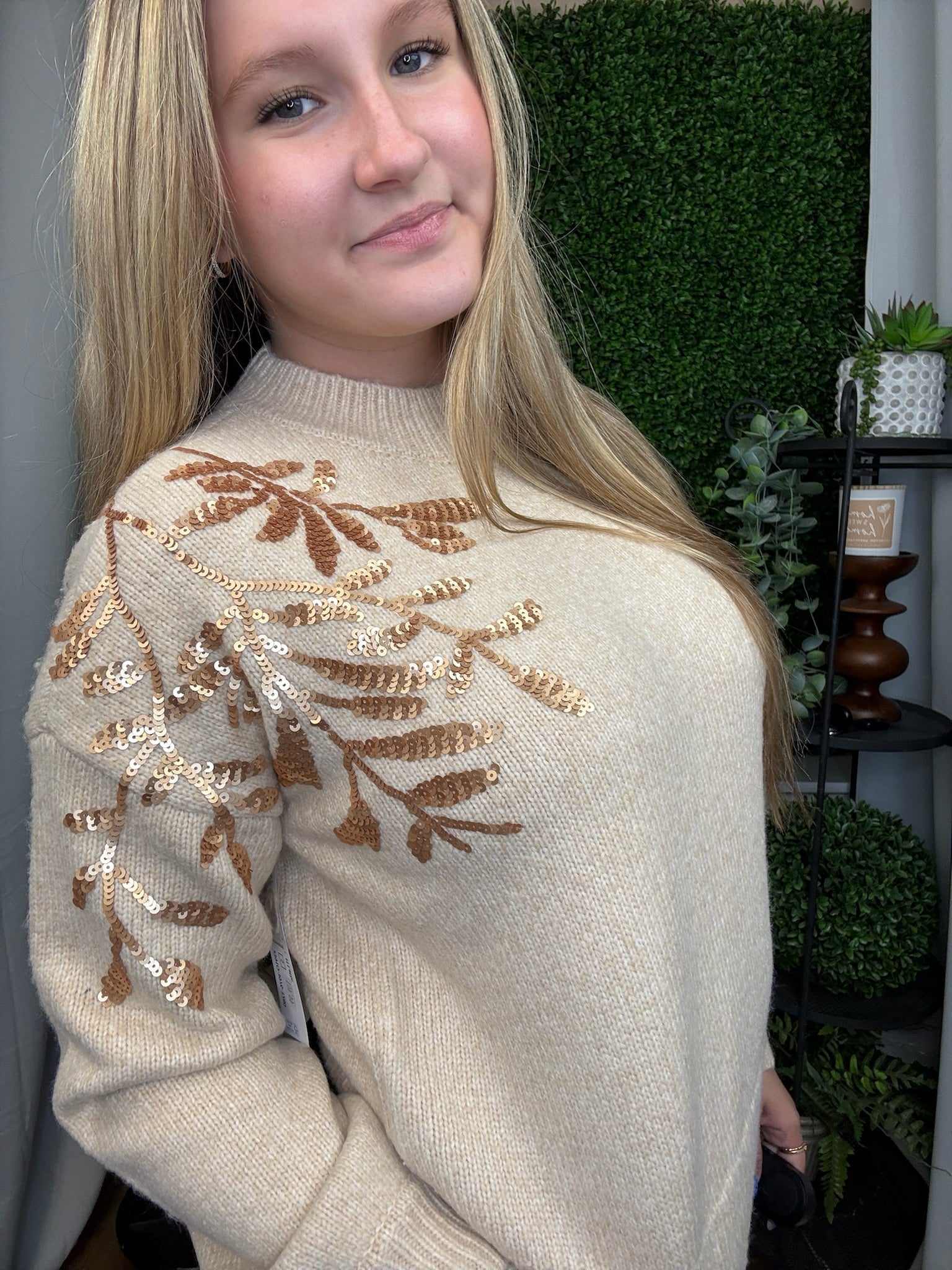 LS MOCK NECK SWEATER W/SEQUINS - H LATTE