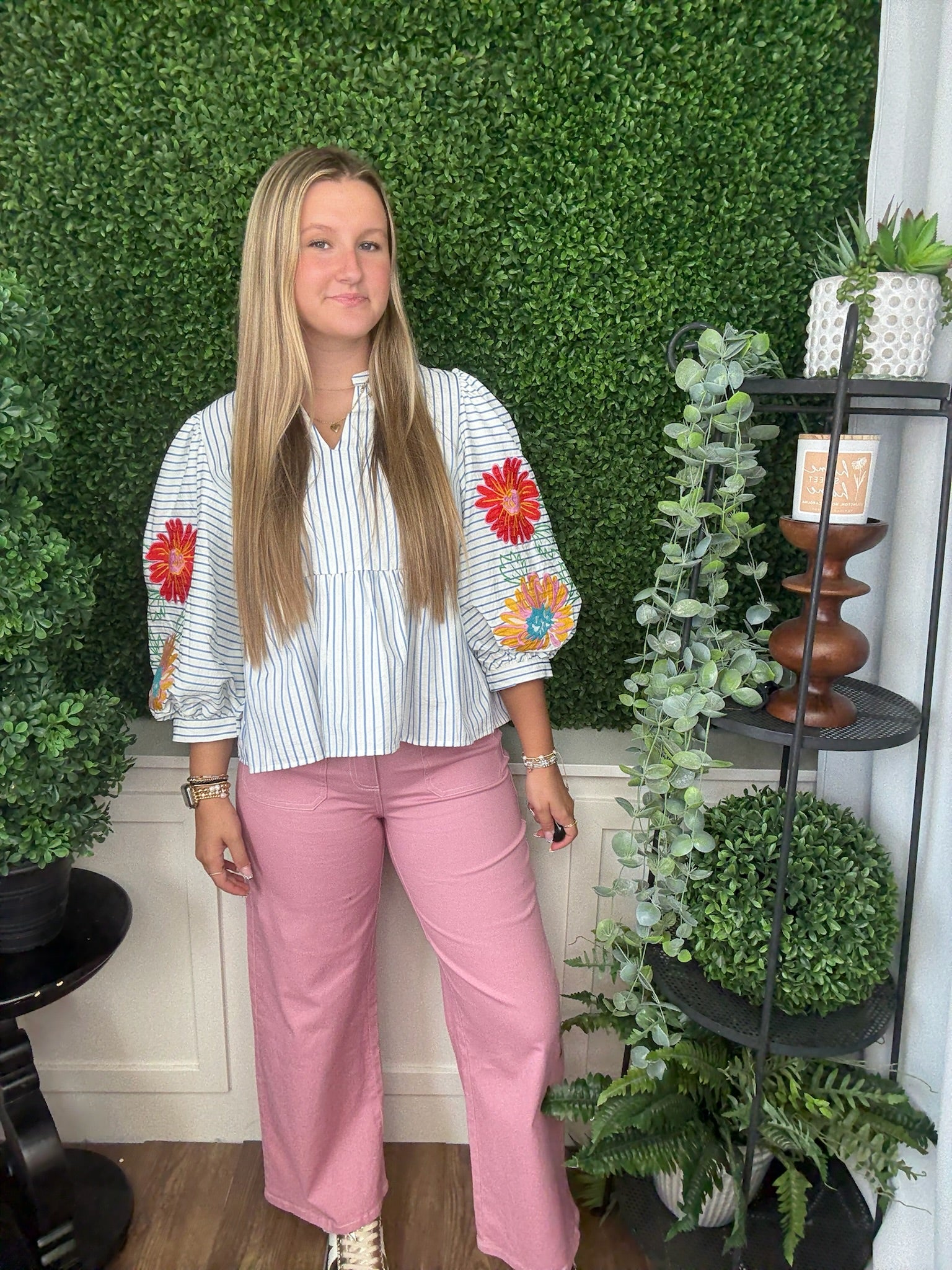 EMBROIDERED STRIPE BABYDOLL TOP