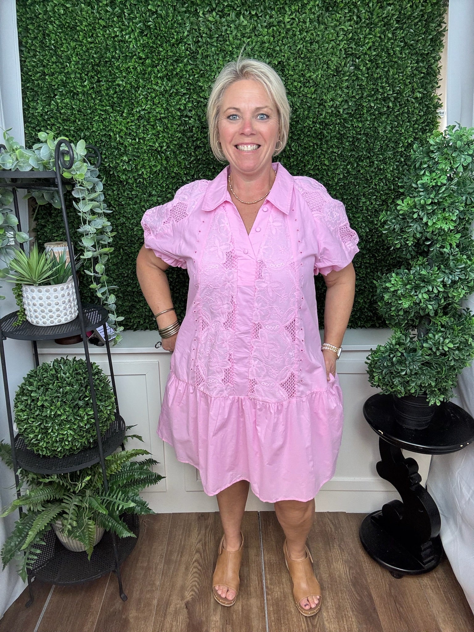 Pink Lace Panel Collared Dress