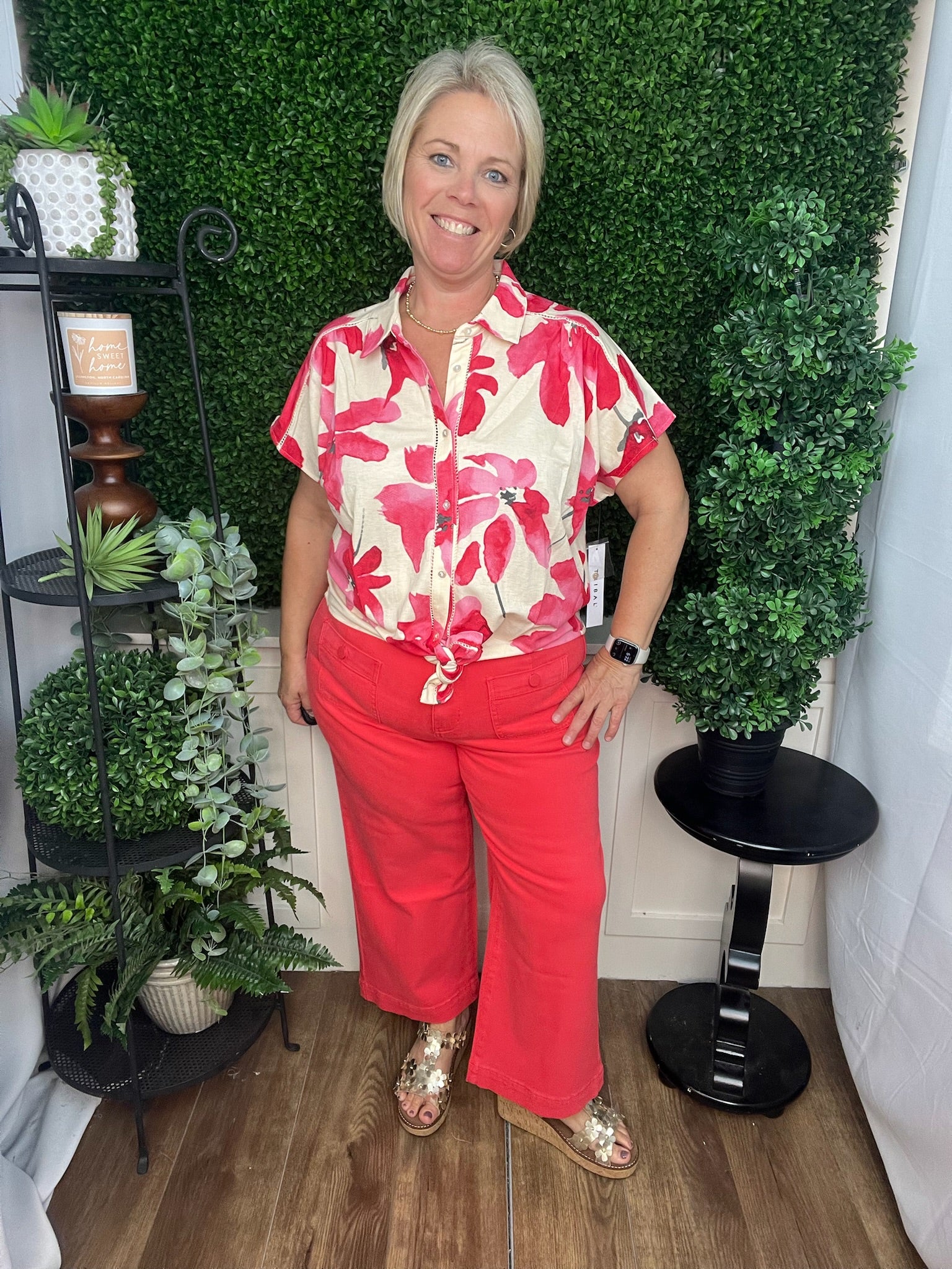 SOPHIA HUGGIING CROP PALAZZO DENIM - CORAL RED