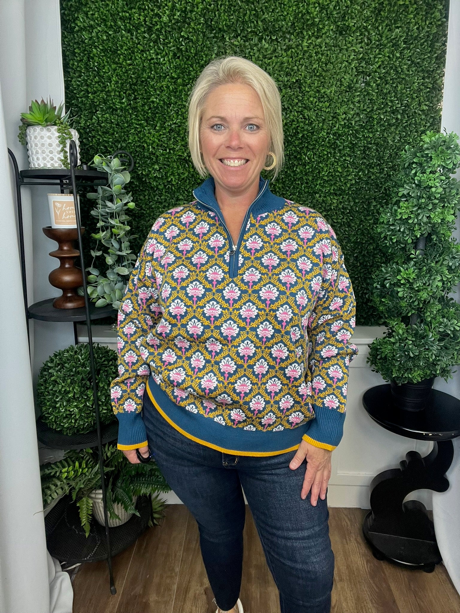 FLORAL MOCK NECK HALF ZIP PULLOVER - PEACOCK BLUE MULTI