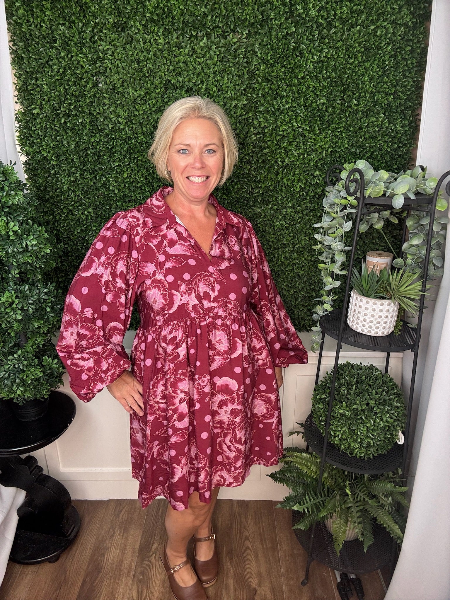 LONG PUFF SLEEVE FLORAL MINI DRESS - BURGUNDY