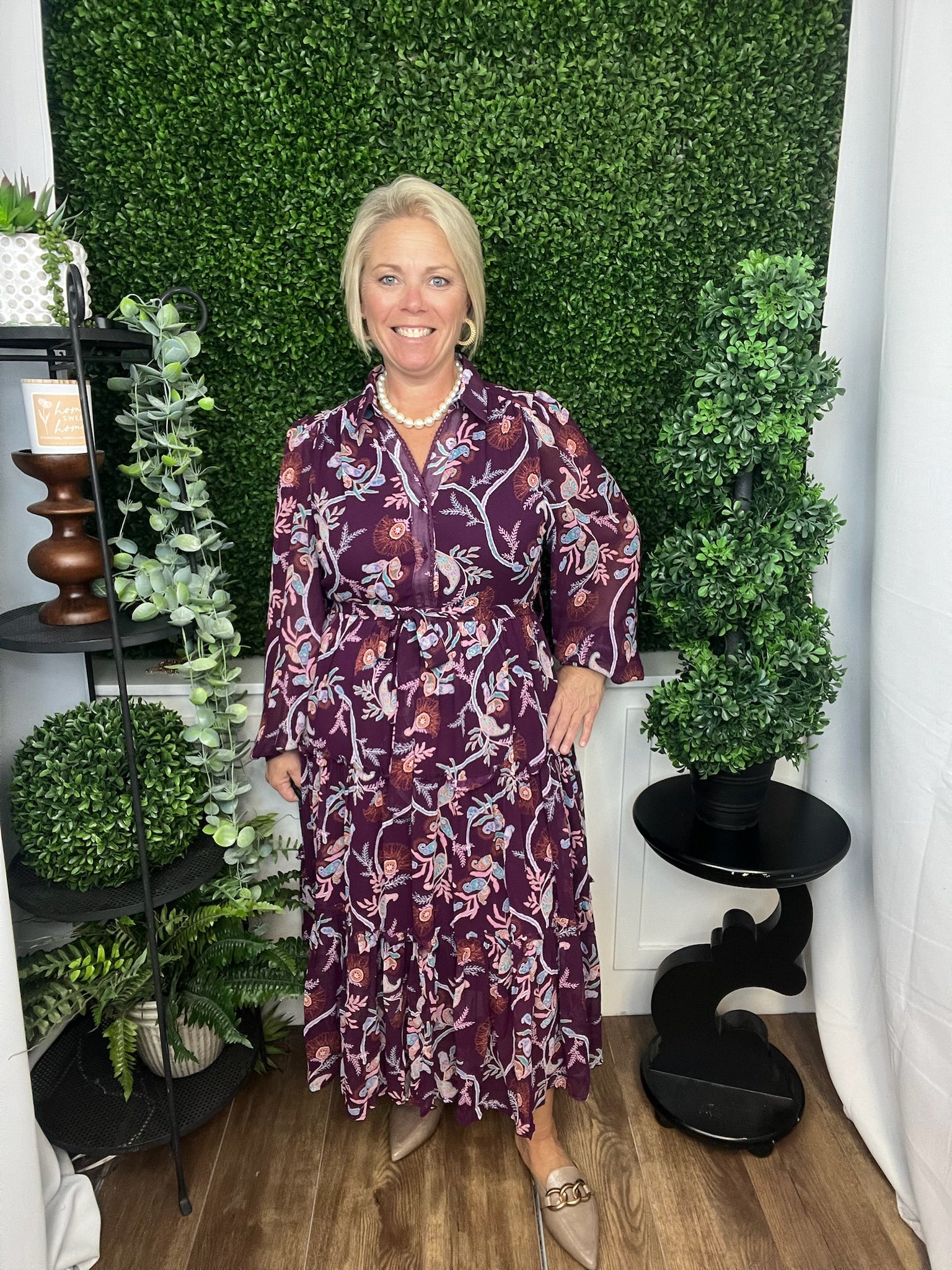 PAISLEY PRINT COLLAR NECK DRESS - PLUM