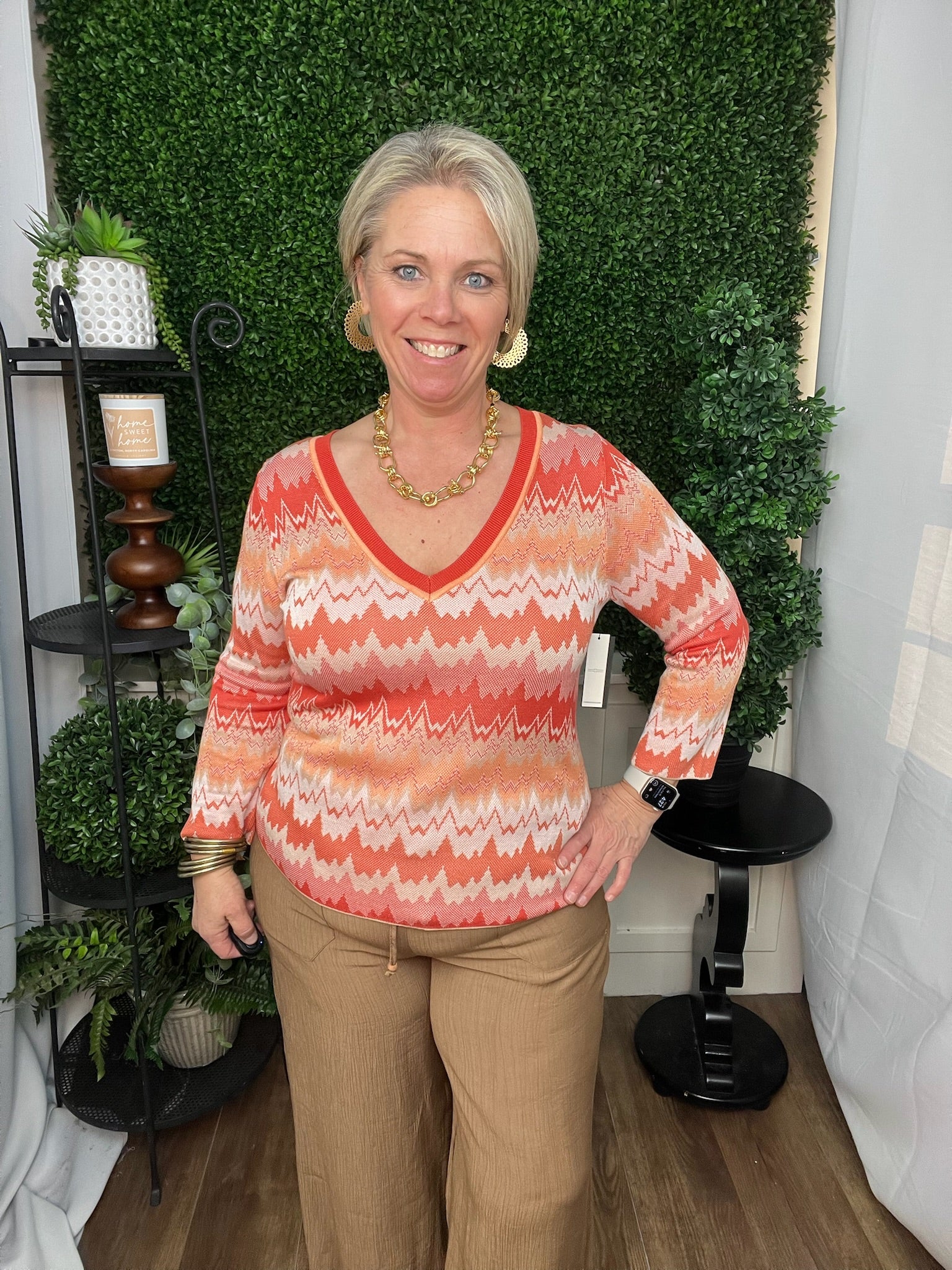 3/4 SLEEVE VNECK SWEATER - ORANGE/TAN CHEVRON