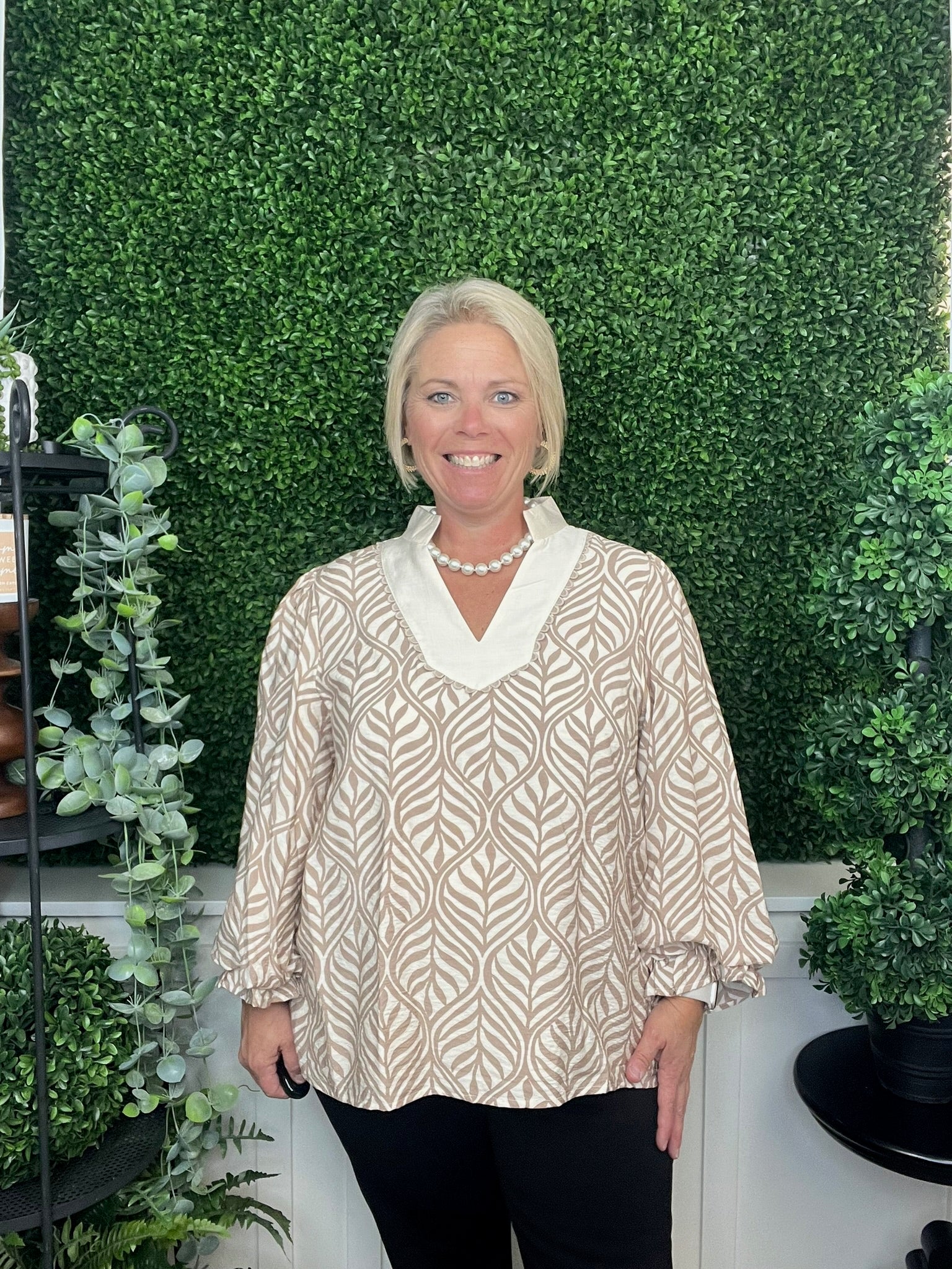 STANDING COLLARED NECK BOHO LEAF PRINT TOP - TAUPE