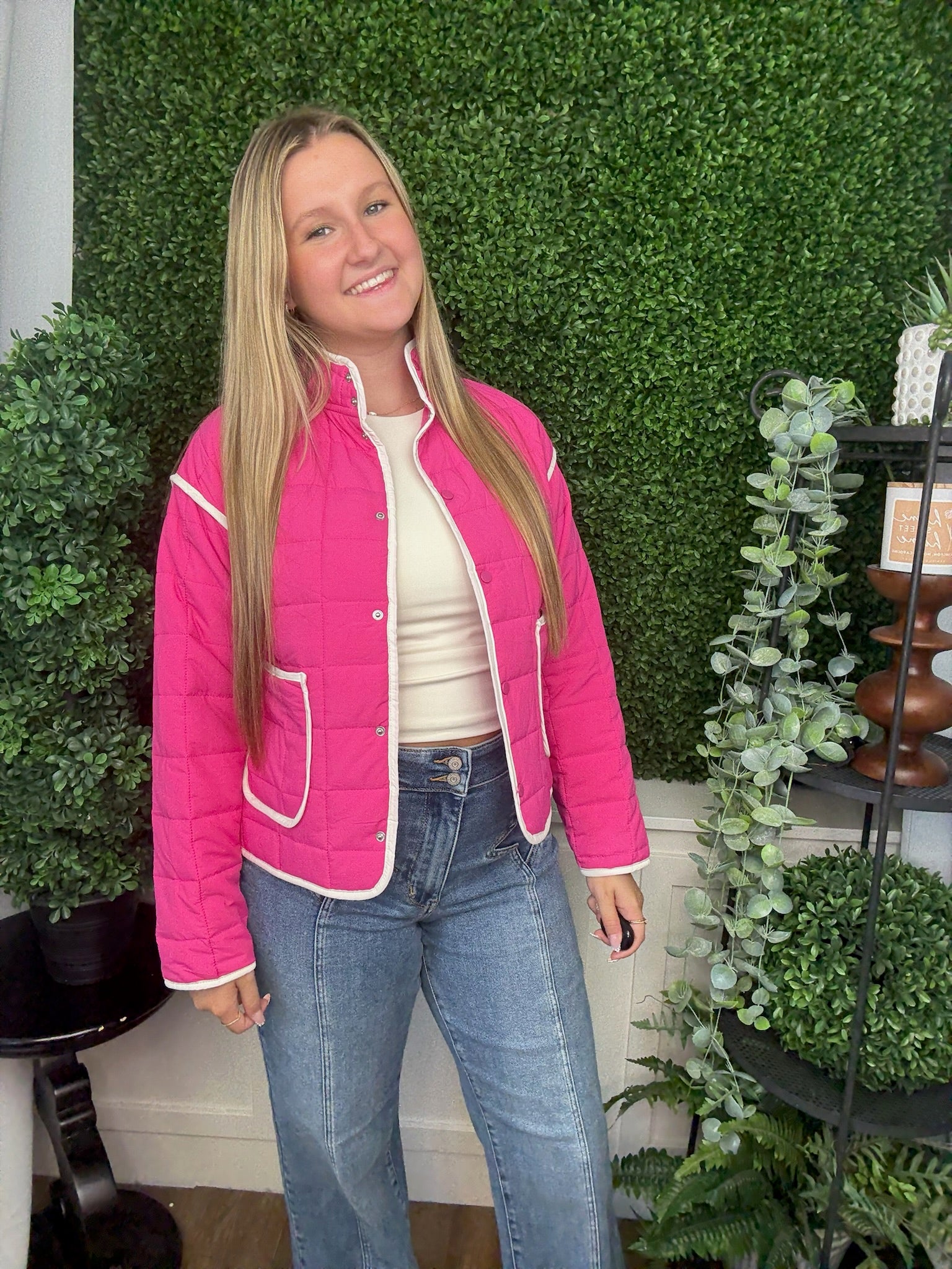 HOT PINK QUILTED TRIM JACKET W/ WHITE PIPING
