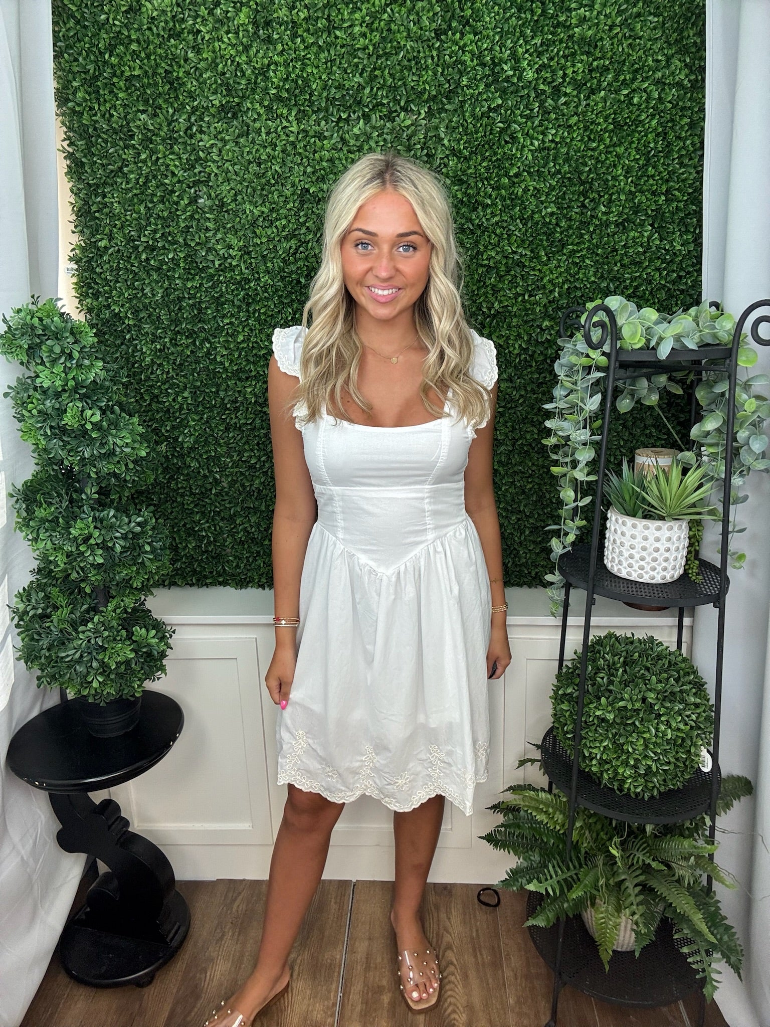 White Embroidered Flutter Sleeve Mini Dress