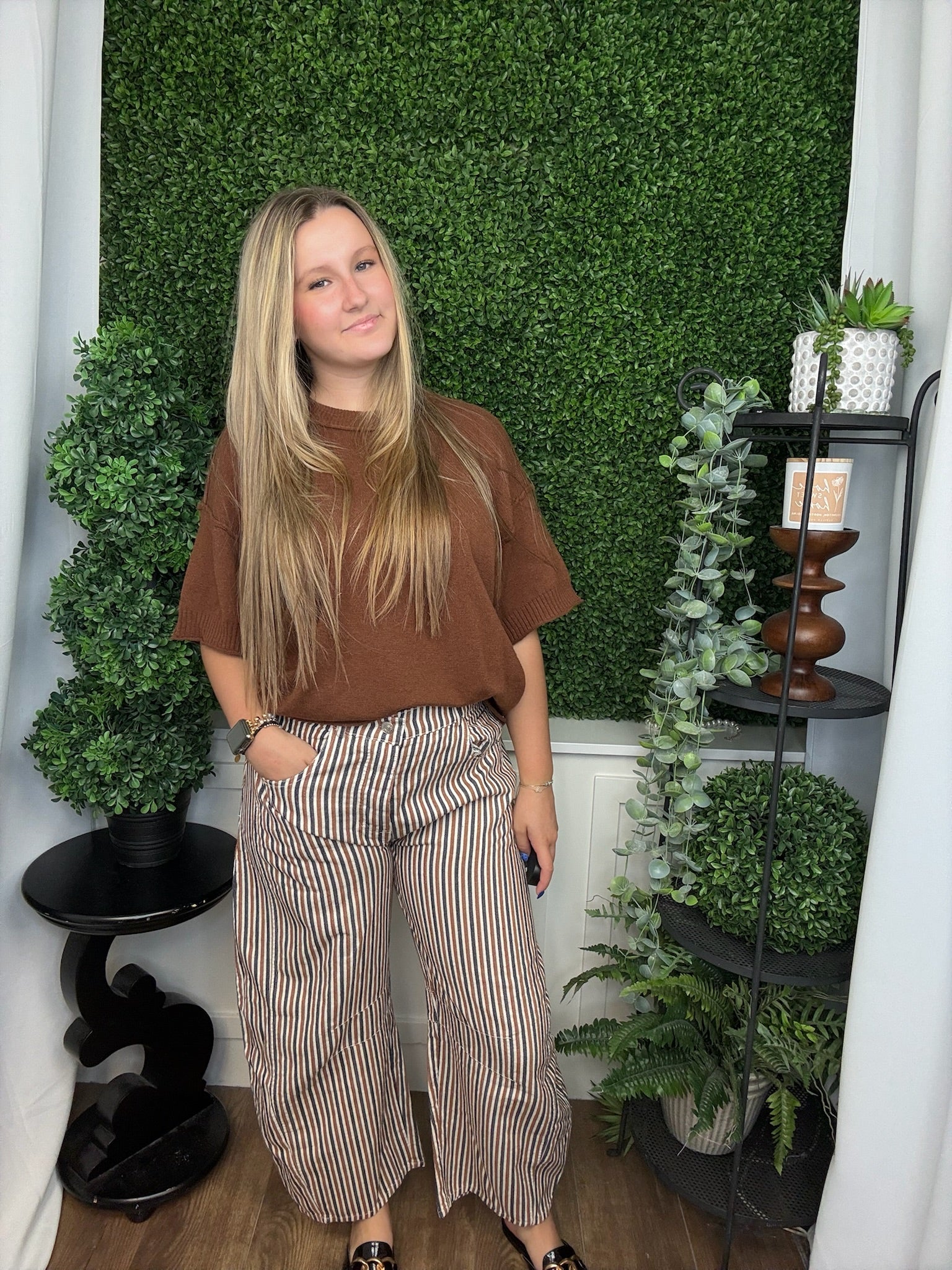 MINERAL WASHED STRIPED BARREL LEG JEANS - BURNT SIENNA