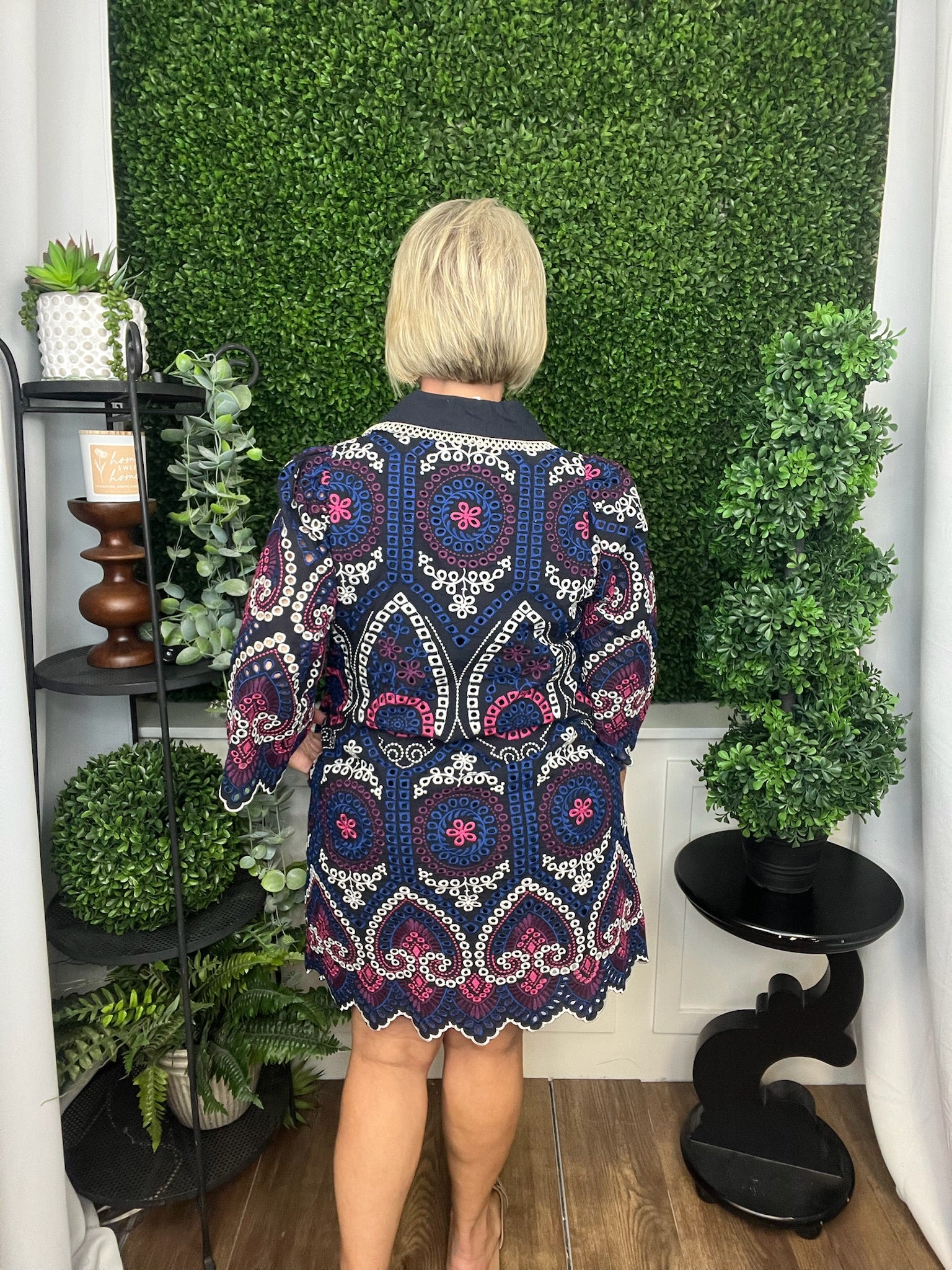 EMBROIDERED EYELET HALF SLEEVE MINI DRESS - NAVY