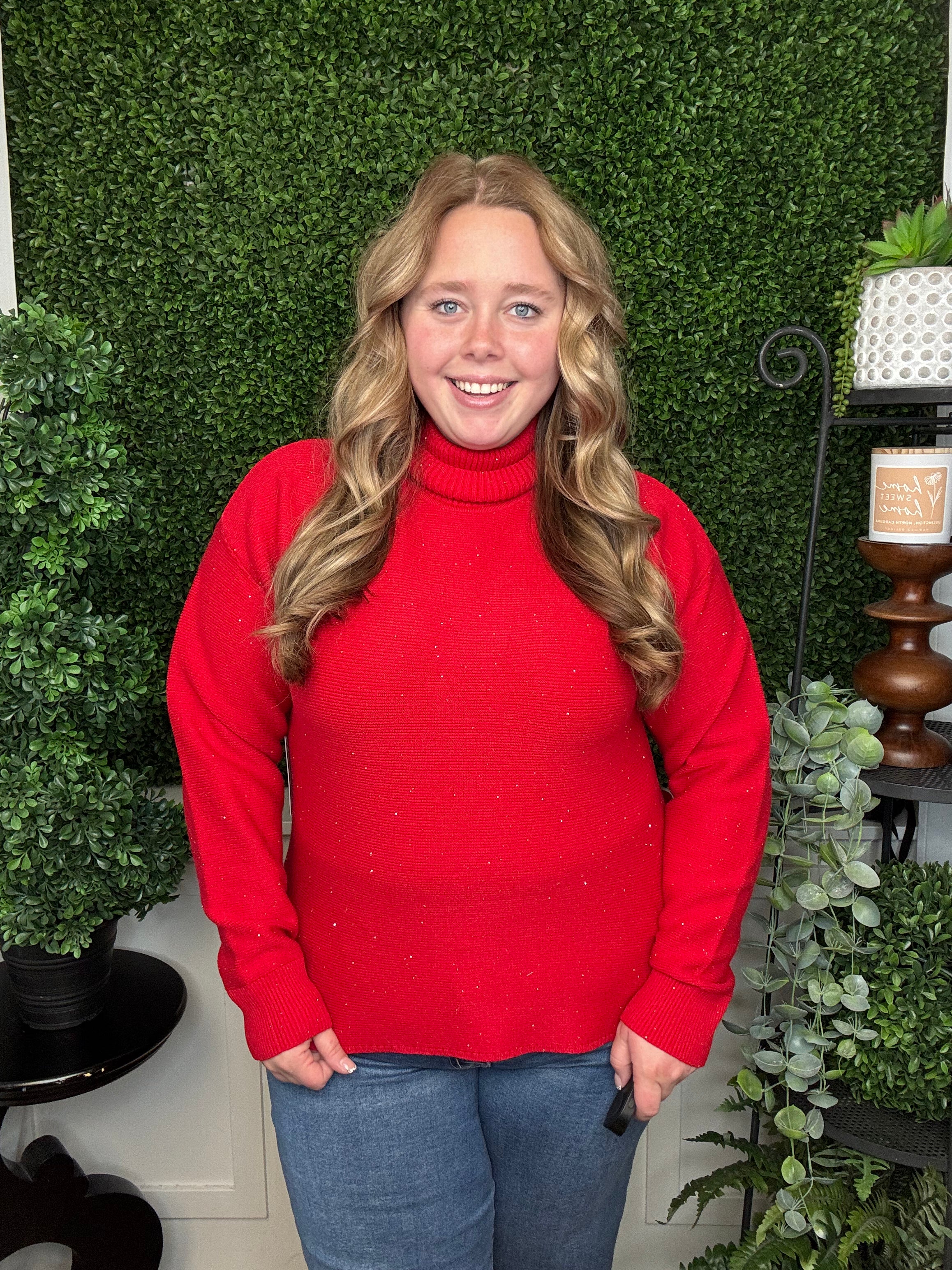 TURTLENECK HIGH LOW SWEATER W/SIDE SLITS - CARMINE