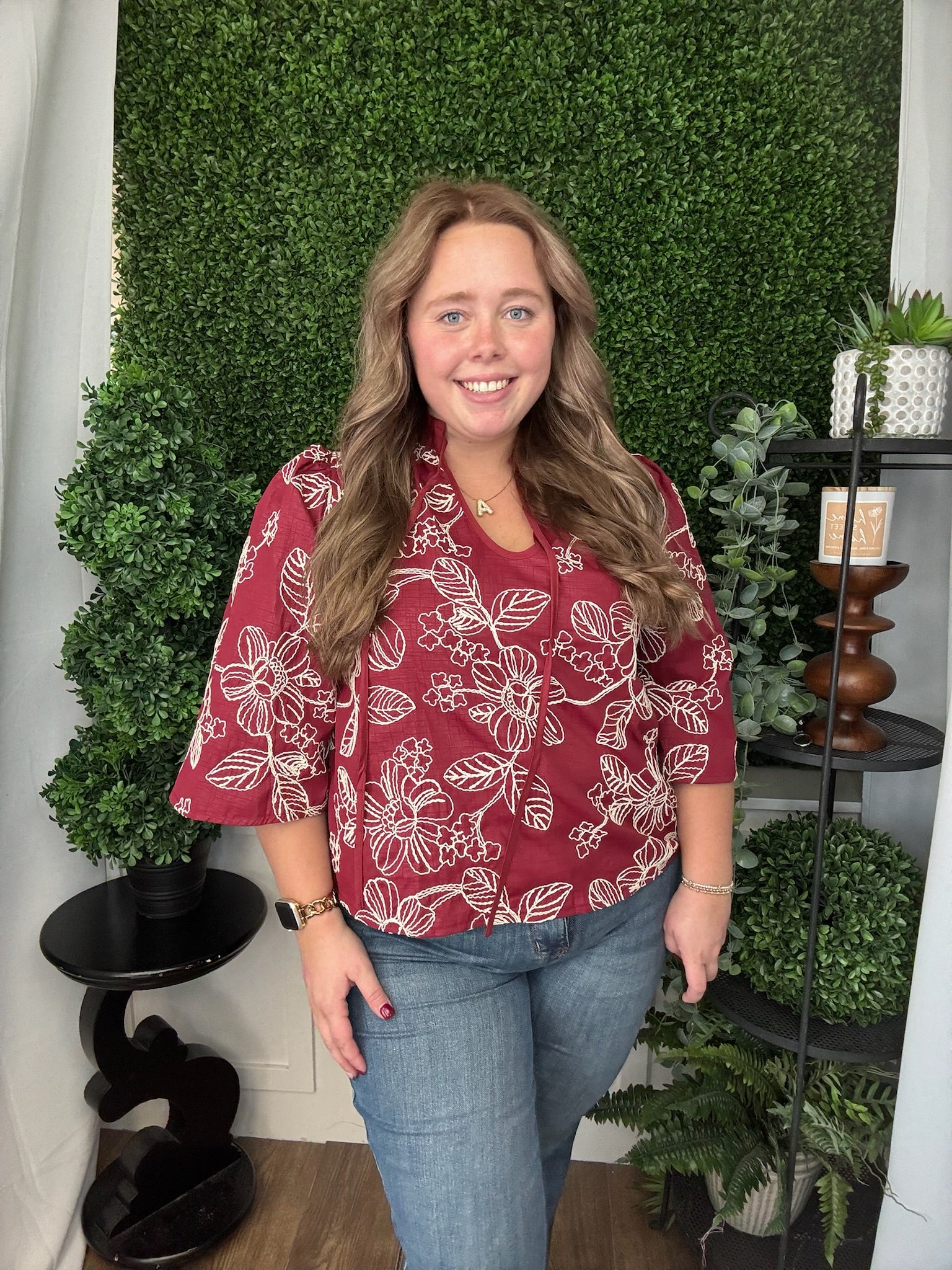 V-NECK WIDE SLV BLOUSE - BURGUNDY