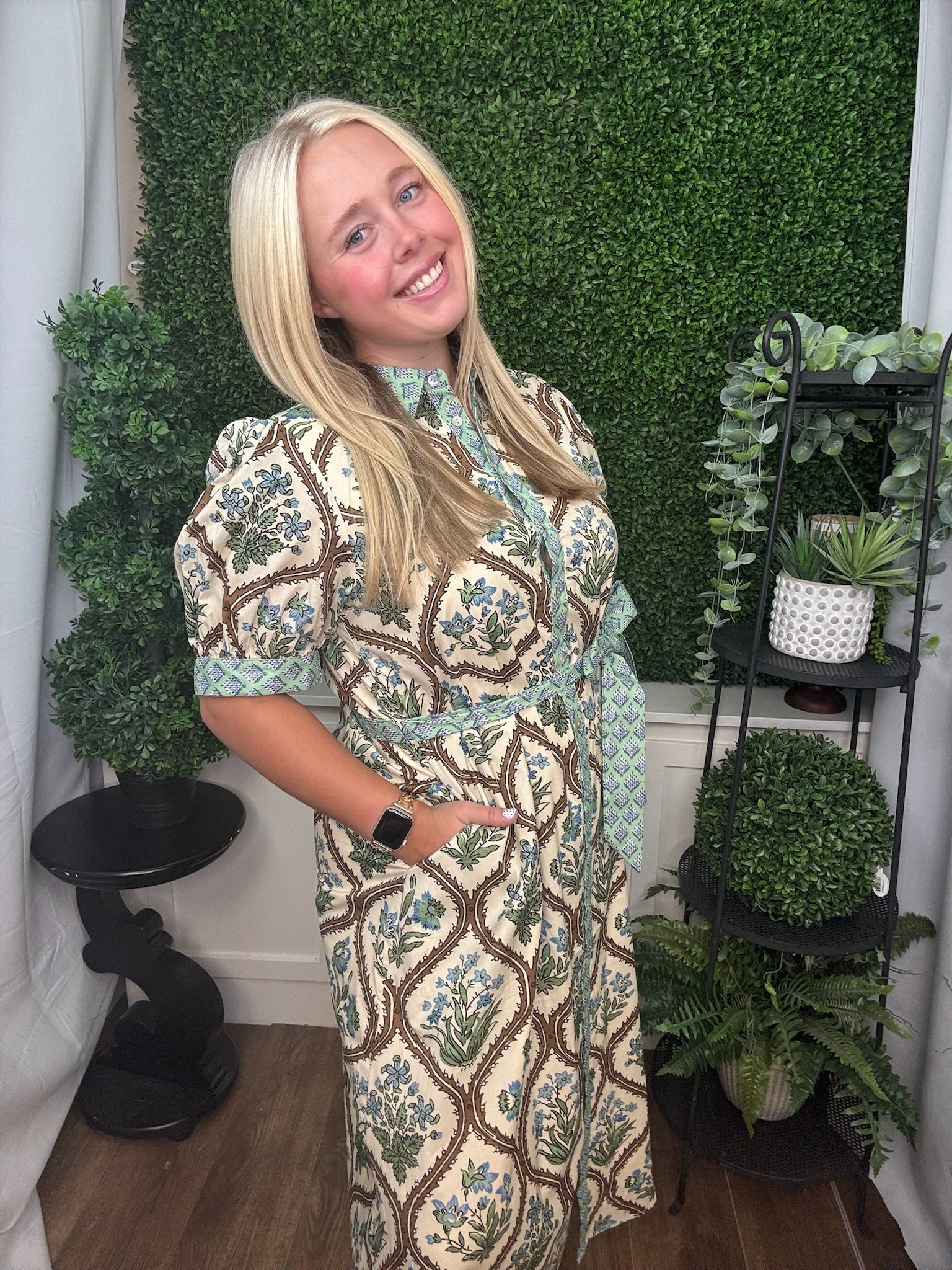 Vintage Floral Belted Shirt Maxi Dress