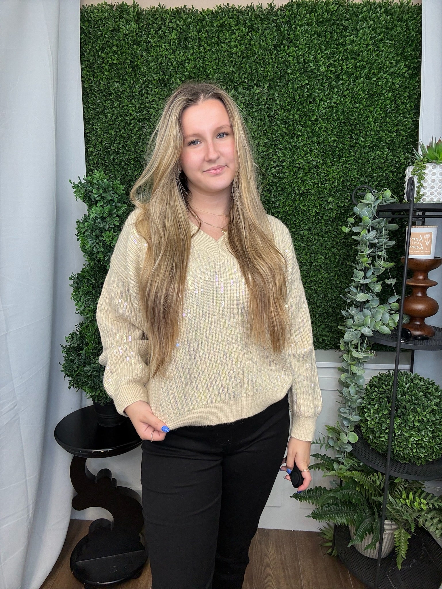 HOLIDAY CLEAR SEQUINS CHRISTMAS VNECK SWEATER TOP - OATMEAL