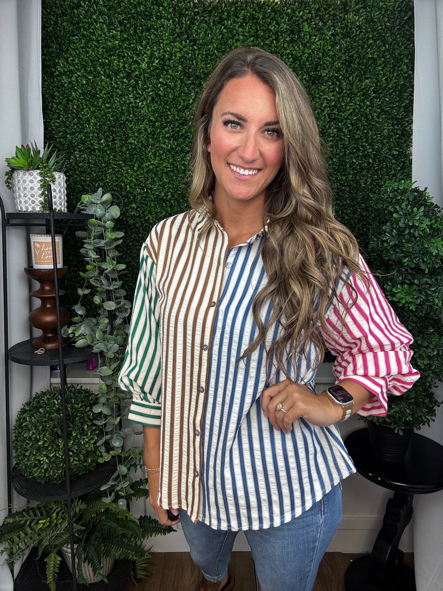 COLORBLOCK STRIPE PATTERN 3/4 SLEEVE BUTTON DOWN TOP - BROWN COMBO