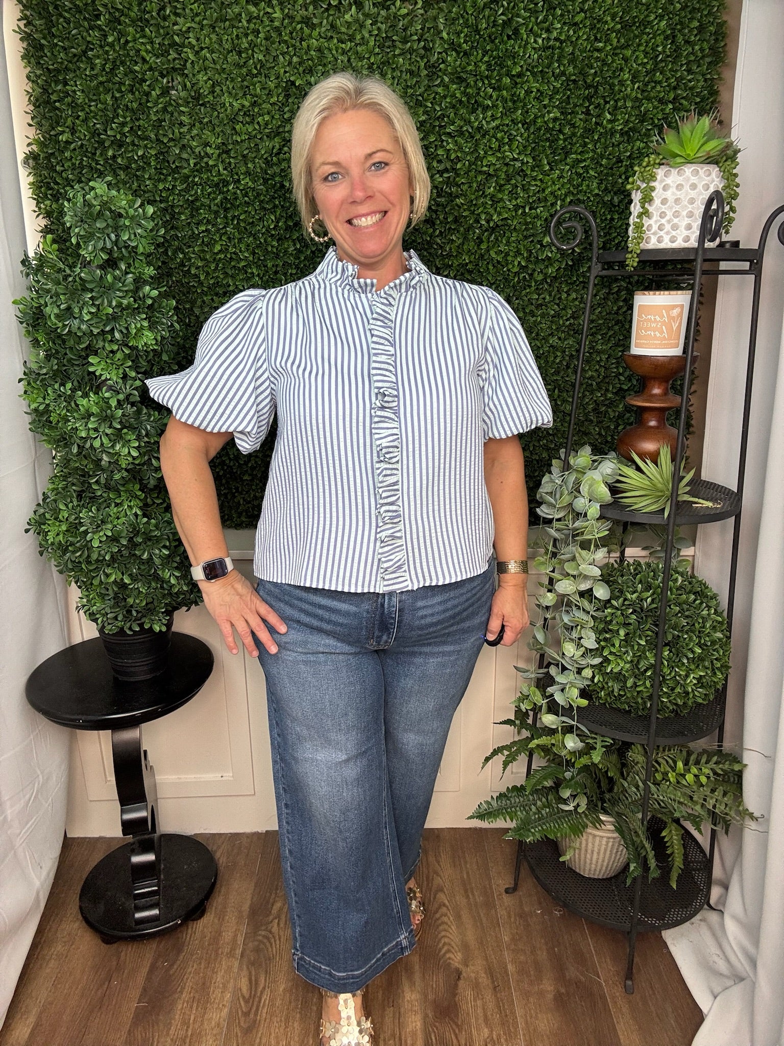 Seafom Stripe Ruffle Front Blouse