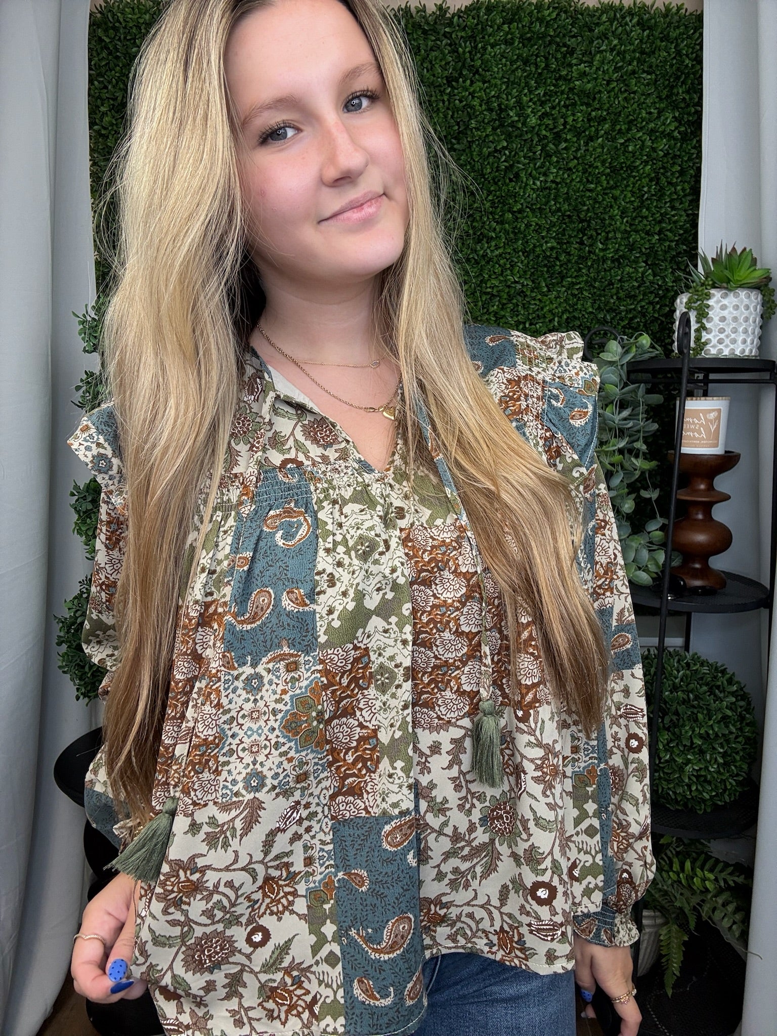 PATCHWORK PRINT SMOCKED RUFFLE BLOUSE - TEAL BLUR MULTI FLORAL