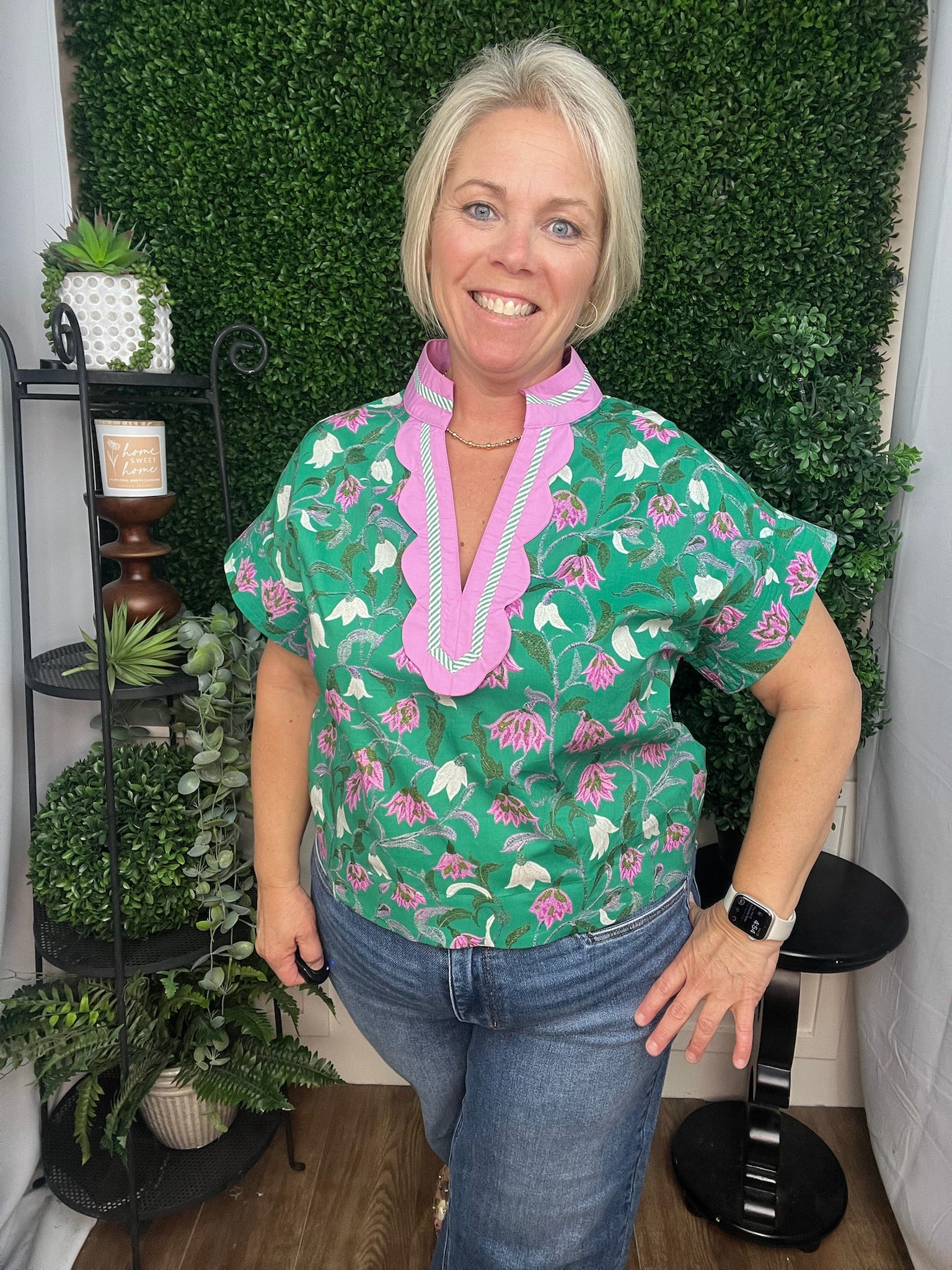 GREEN CROP FLORAL TOP