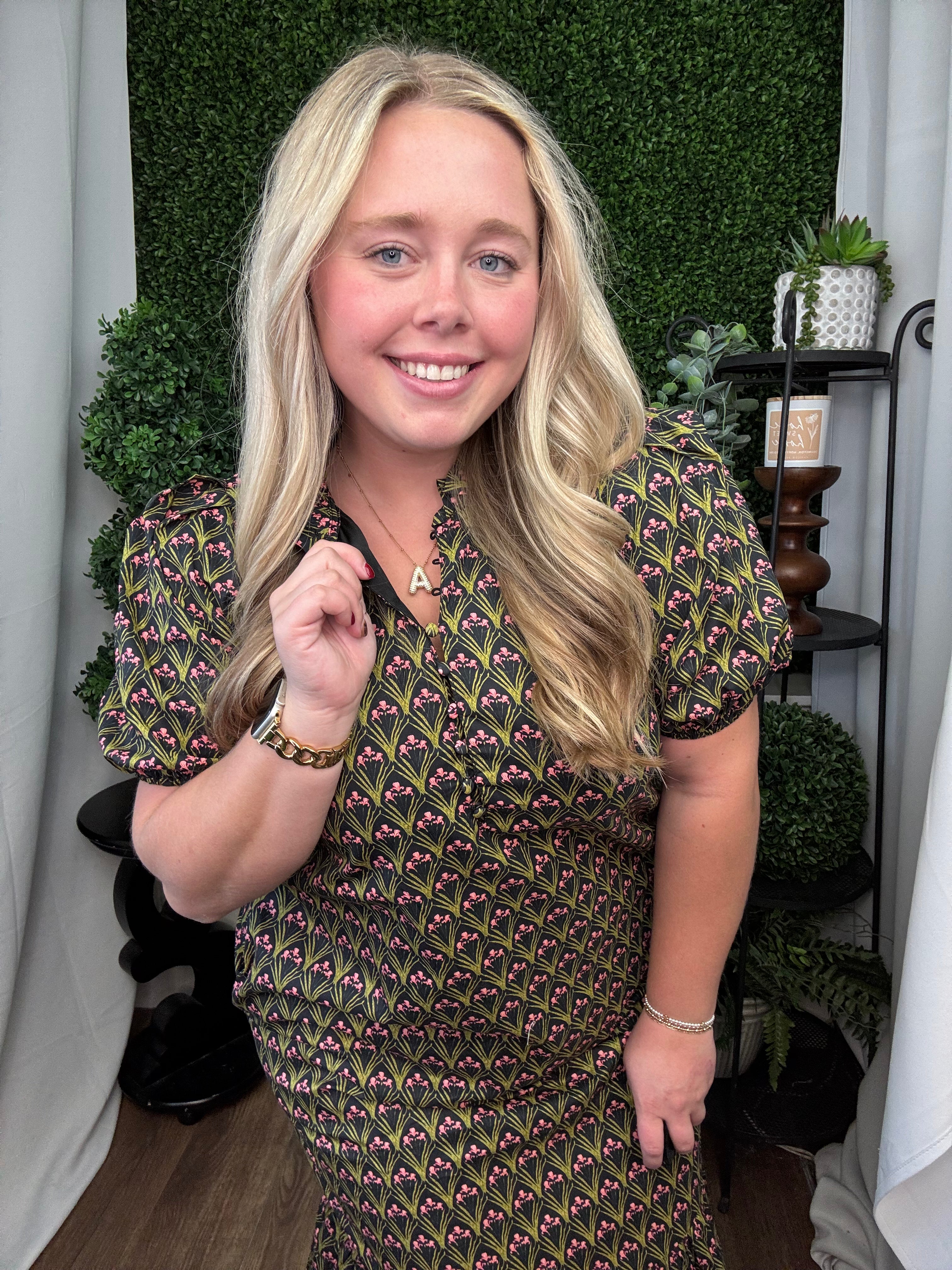 FLORAL PRINT PLEATED PUFF SLEEVE MIDI DRESS