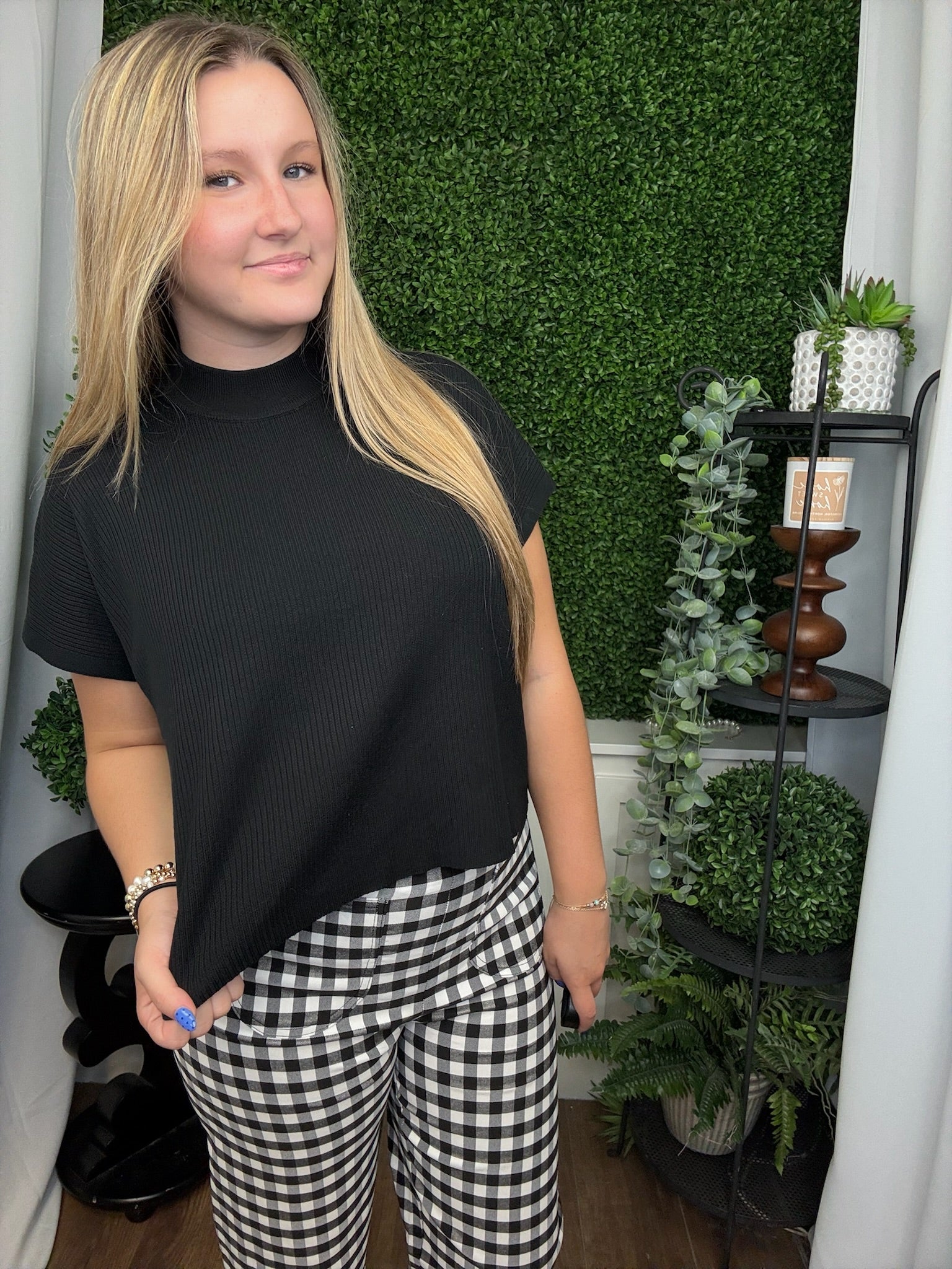 GINGHAM RUFFLE TRIM STRAIGHT LEG PANTS - BLACK