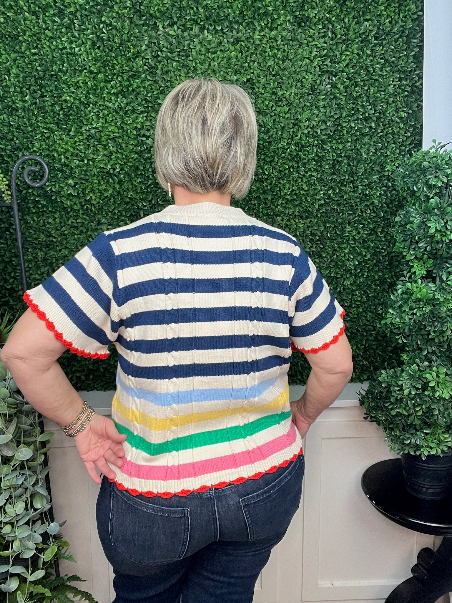 SHORT SLEEVE STRIPED KNIT TOP - CREAM