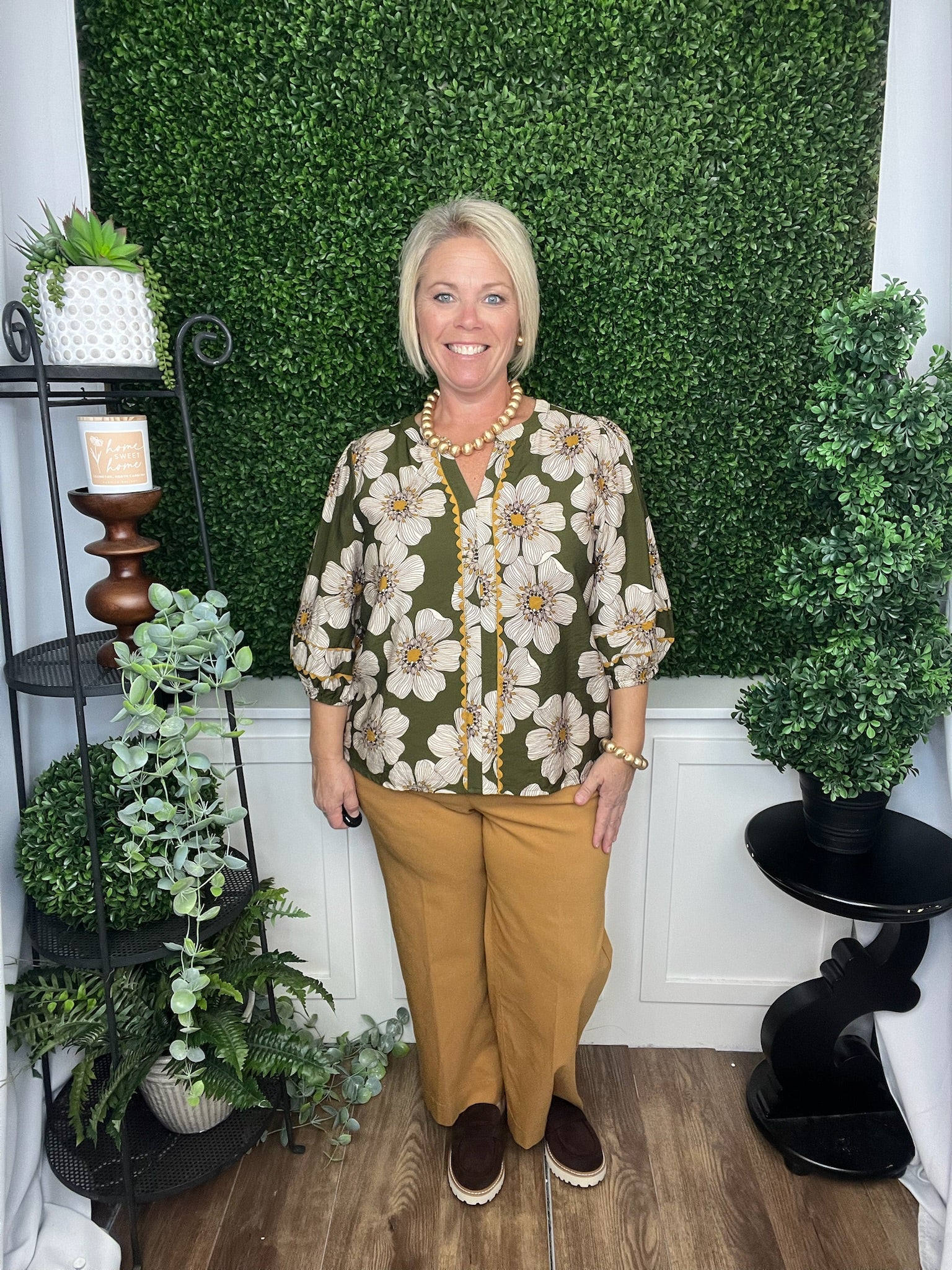 FLORAL PRINT 3/4 SLEEVE BLOUSE W/LACE DETAIL - OLVIE MULTI