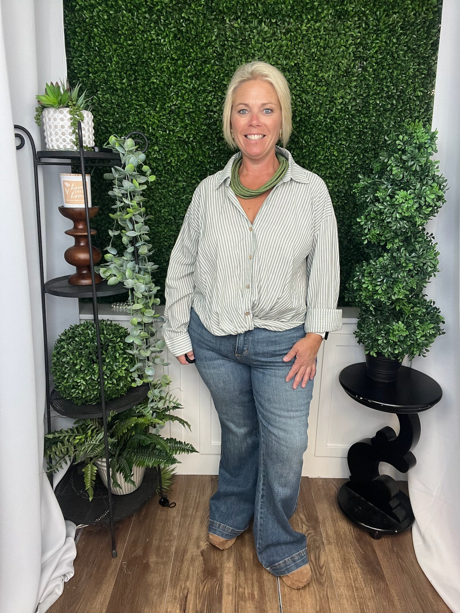 STRIPE TWISTED BUTTON-UP BLOUSE - GREEN/WHITE