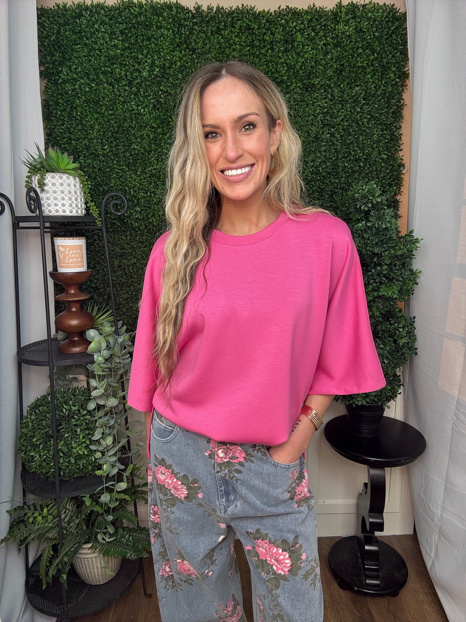 PINK 3/4 SLEEVE CREW NECK TOP