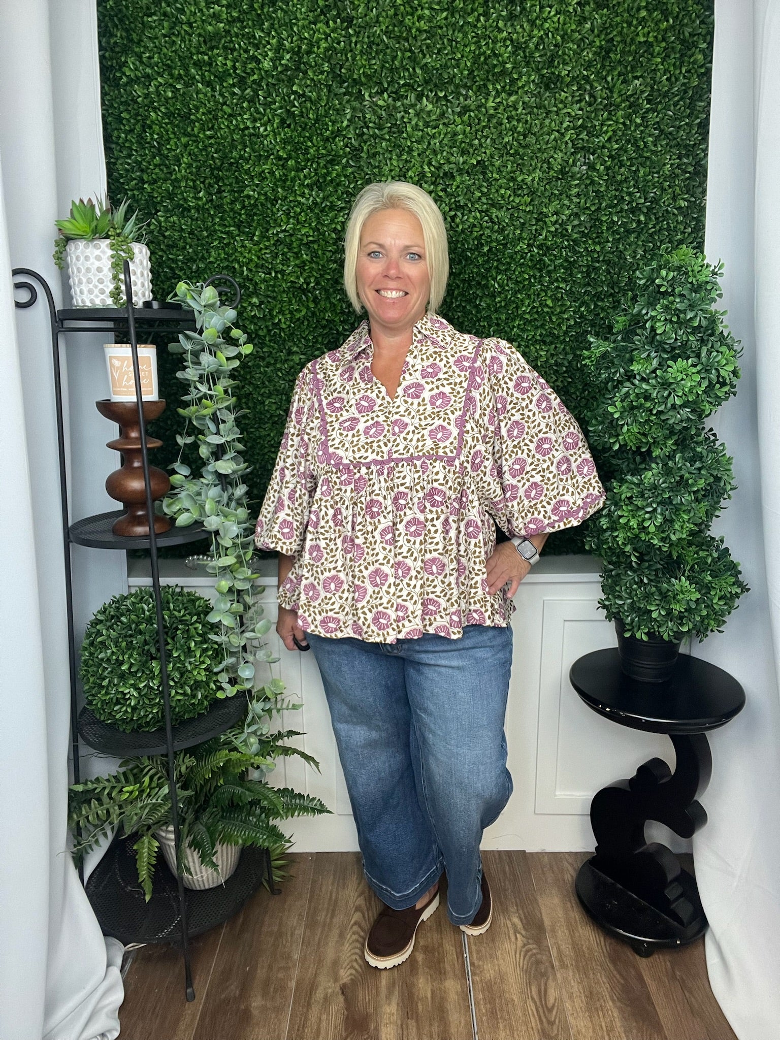 FLORAL PRINT LONG LANTERN SLEEVE TOP - PURPLE