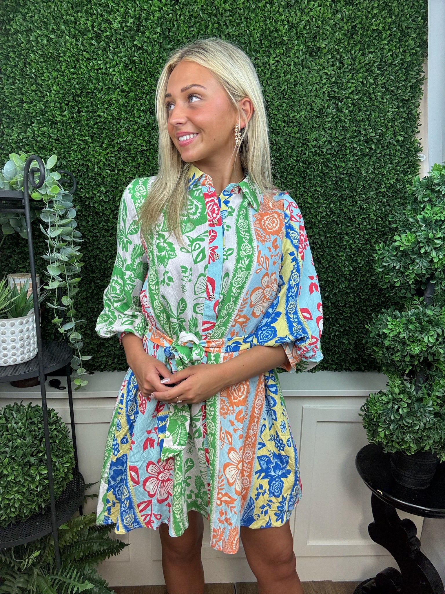 Mixed Print Button Front Shirt Dress with Tie Waist