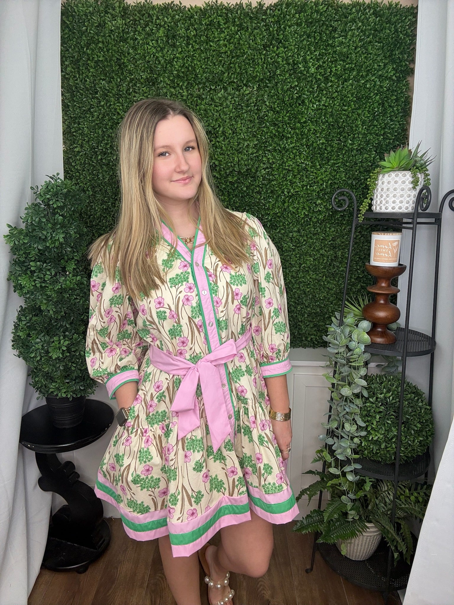 ECRU PINK PUFF LONG SLEEVE PINK TIE WAIST