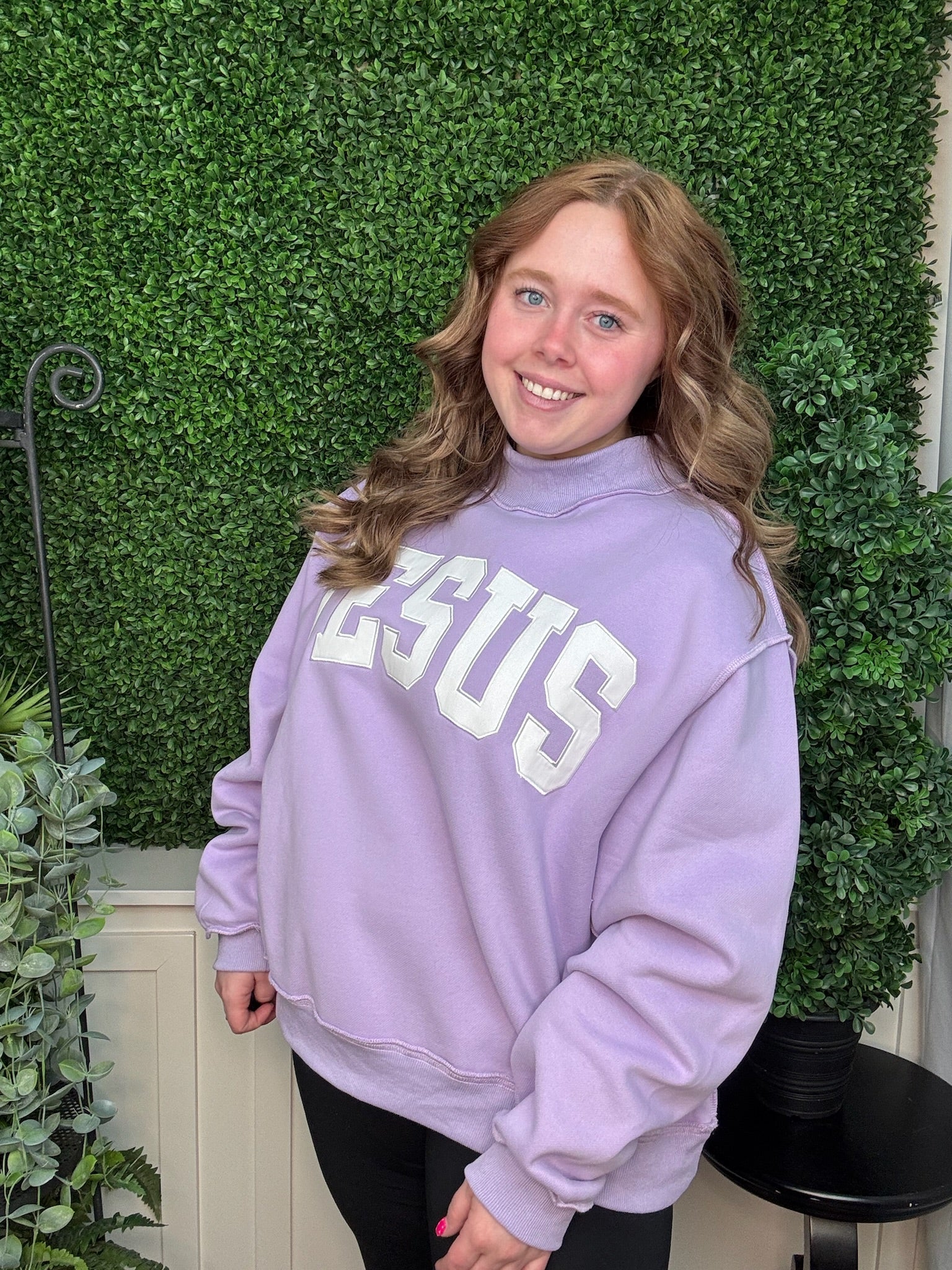 JESUS EMBROIDERED MOCK NECK SWEATSHIRT - LAVENDER